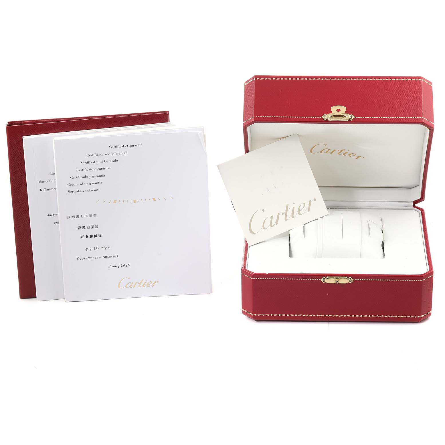 This image shows the packaging and documentation for the Cartier Tank Francaise WE110004 Women's Steel and Gold (two tone) Silver Dial WE110004 Women's Steel and Gold (two tone) Silver Dial watch, including a red box, manual, and certificates.