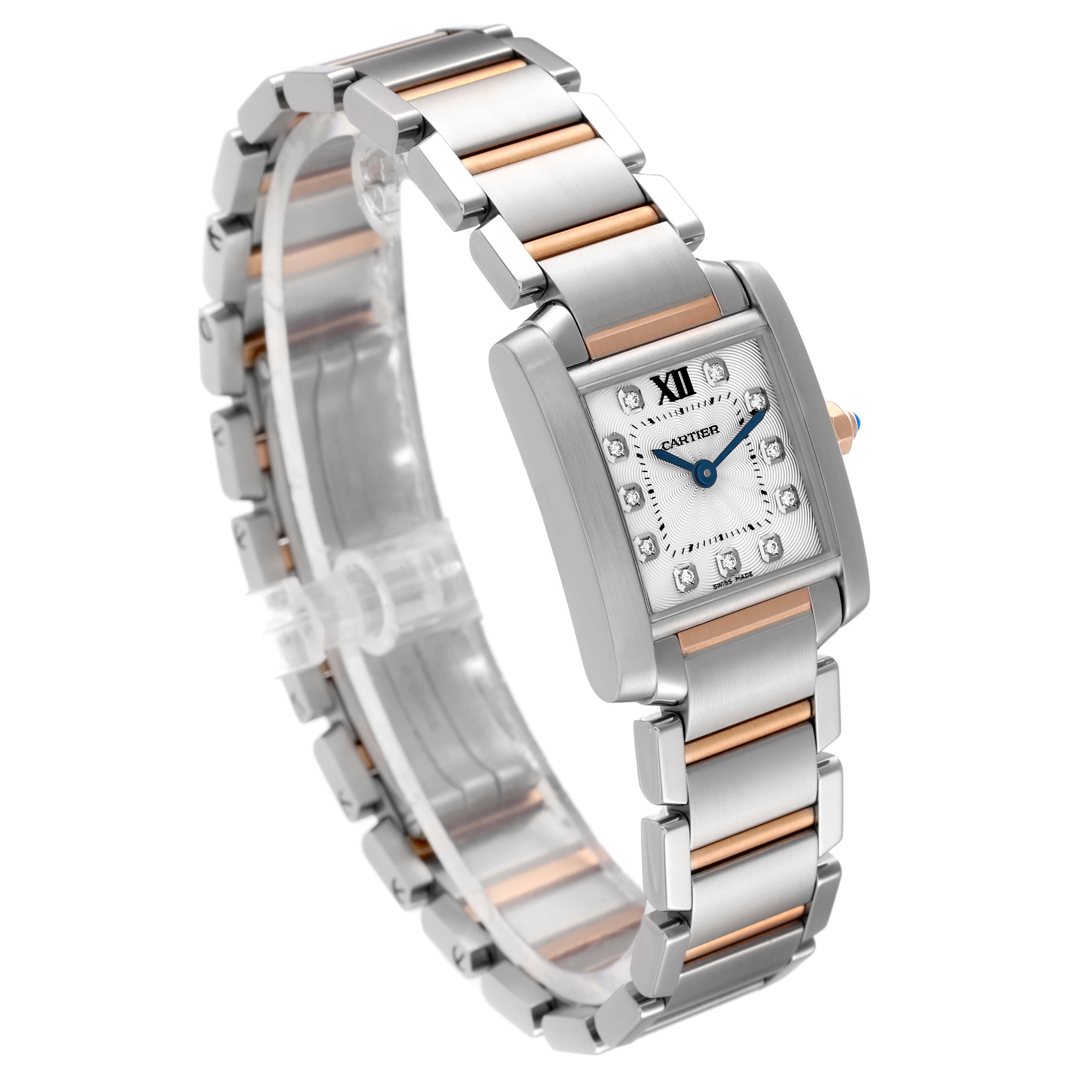 The image shows a Tank Francaise watch by Cartier, angled to display the face, bezel, and bracelet.