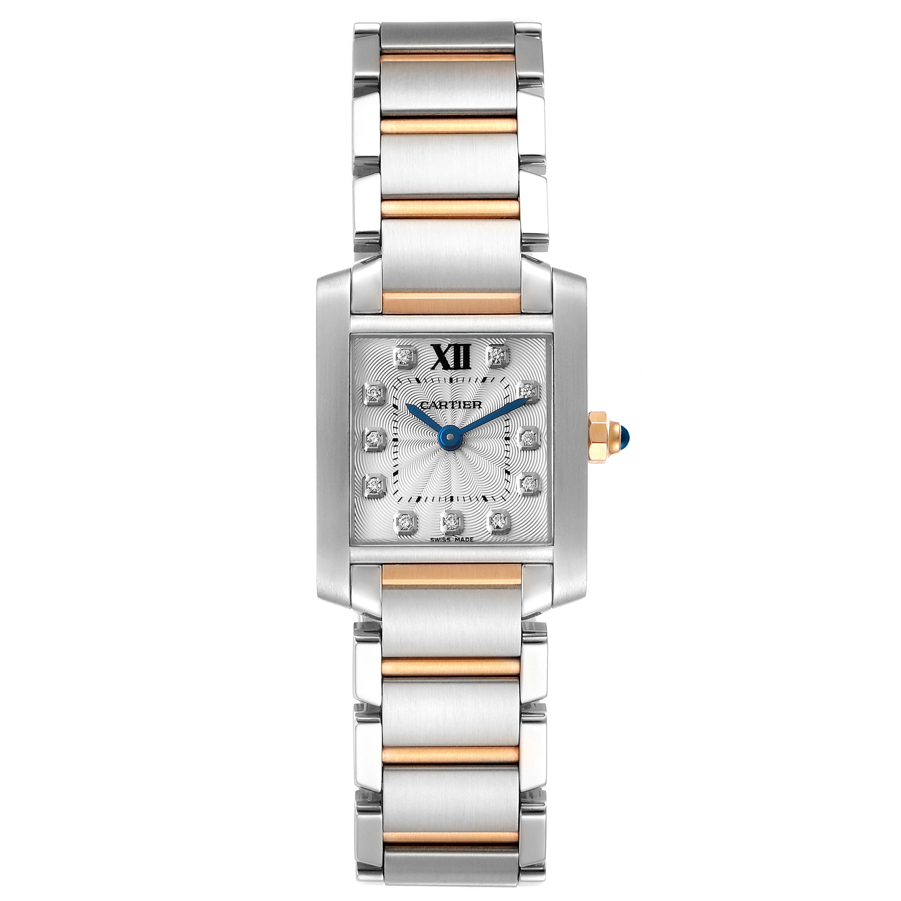The image shows a full-frontal view of the Cartier Tank Francaise WE110004 Women's Steel and Gold (two tone) Silver Dial WE110004 Women's Steel and Gold (two tone) Silver Dial watch, highlighting its rectangular face, two-tone bracelet, and blue hands.