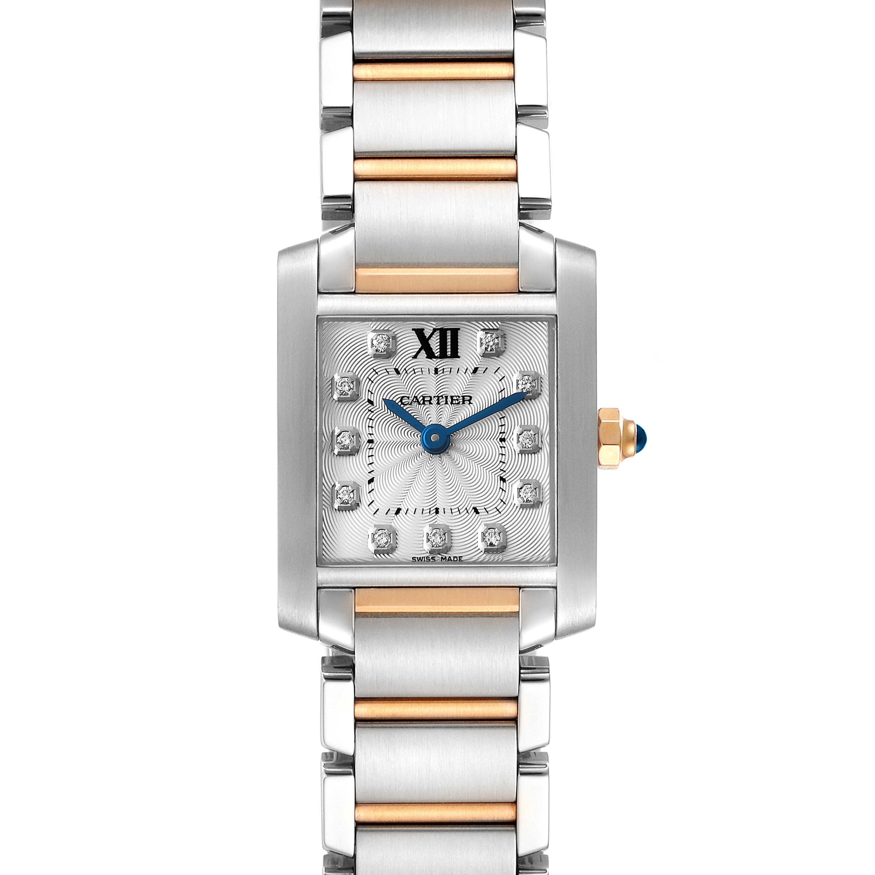 The image shows a front view of the Cartier Tank Francaise WE110004 Women's Steel and Gold (two tone) Silver Dial WE110004 Women's Steel and Gold (two tone) Silver Dial watch, highlighting the dial, hands, bezel, crown, and bracelet.