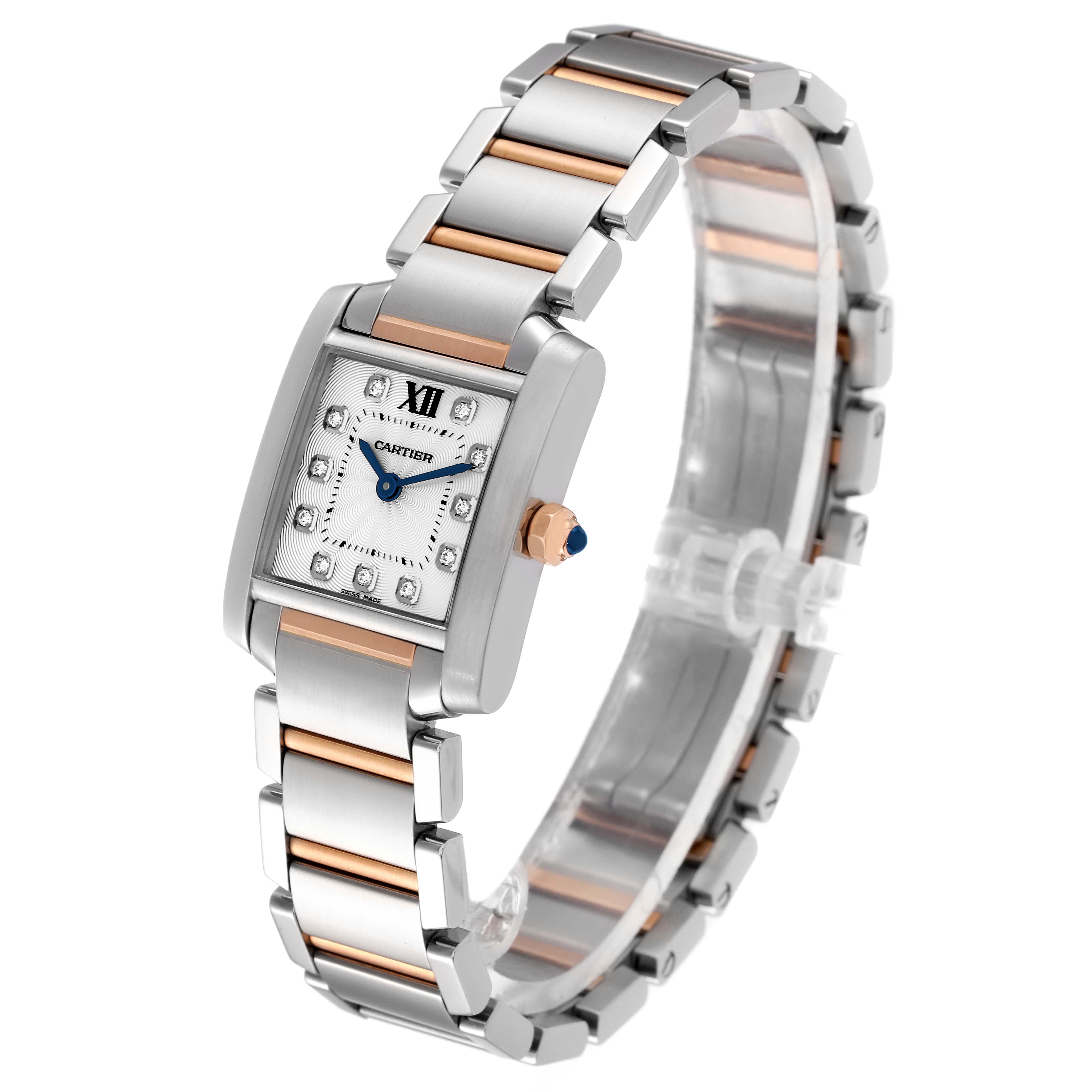 The image shows a stainless steel and rose gold Cartier Tank Francaise WE110004 Women's Steel and Gold (two tone) Silver Dial WE110004 Women's Steel and Gold (two tone) Silver Dial watch, angled to display the face and bracelet.