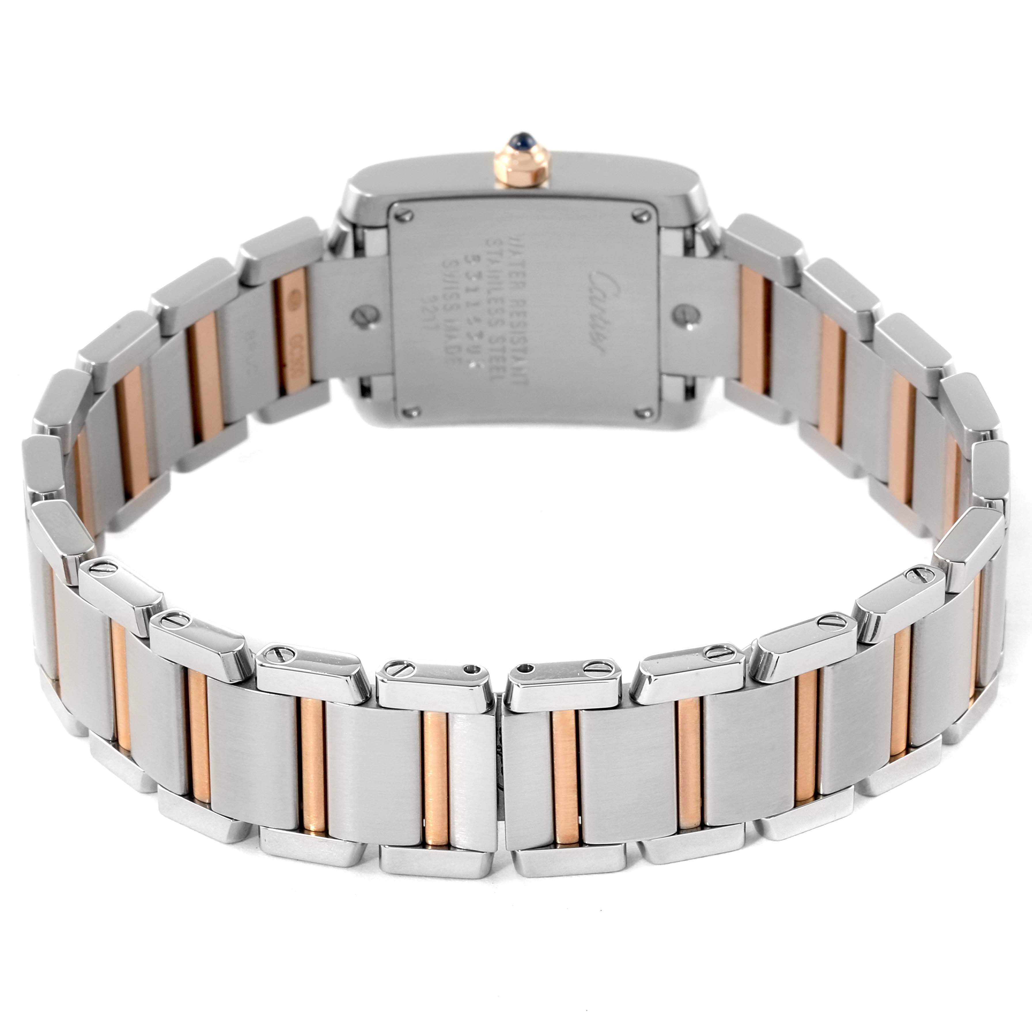 The image shows the back of a Cartier Tank Francaise WE110004 Women's Steel and Gold (two tone) Silver Dial WE110004 Women's Steel and Gold (two tone) Silver Dial watch, highlighting the metal bracelet and case back.
