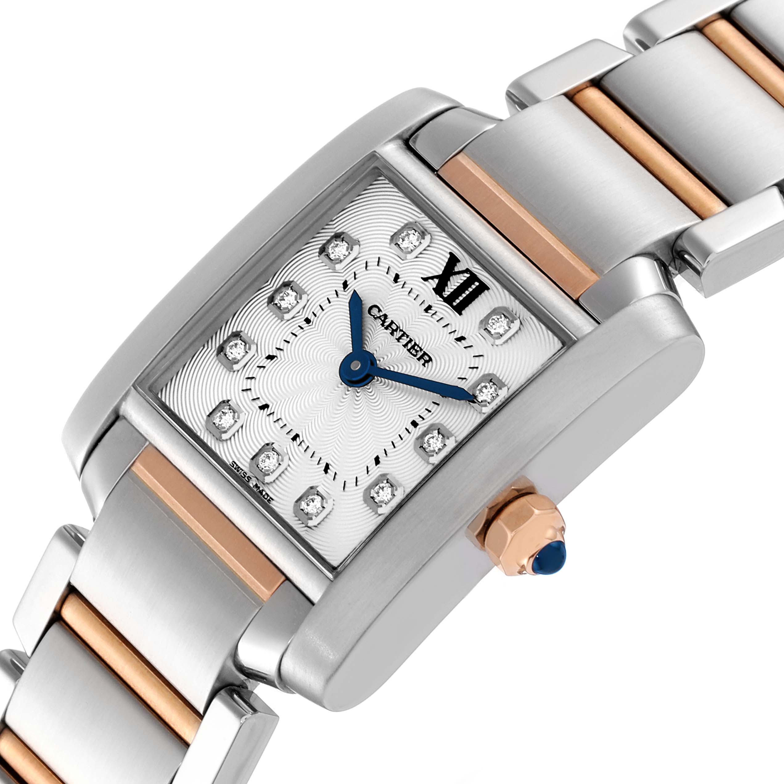 The image shows a close-up angled view of a Cartier Tank Francaise WE110004 Women's Steel and Gold (two tone) Silver Dial WE110004 Women's Steel and Gold (two tone) Silver Dial watch, highlighting its dial, crown, and part of the bracelet.