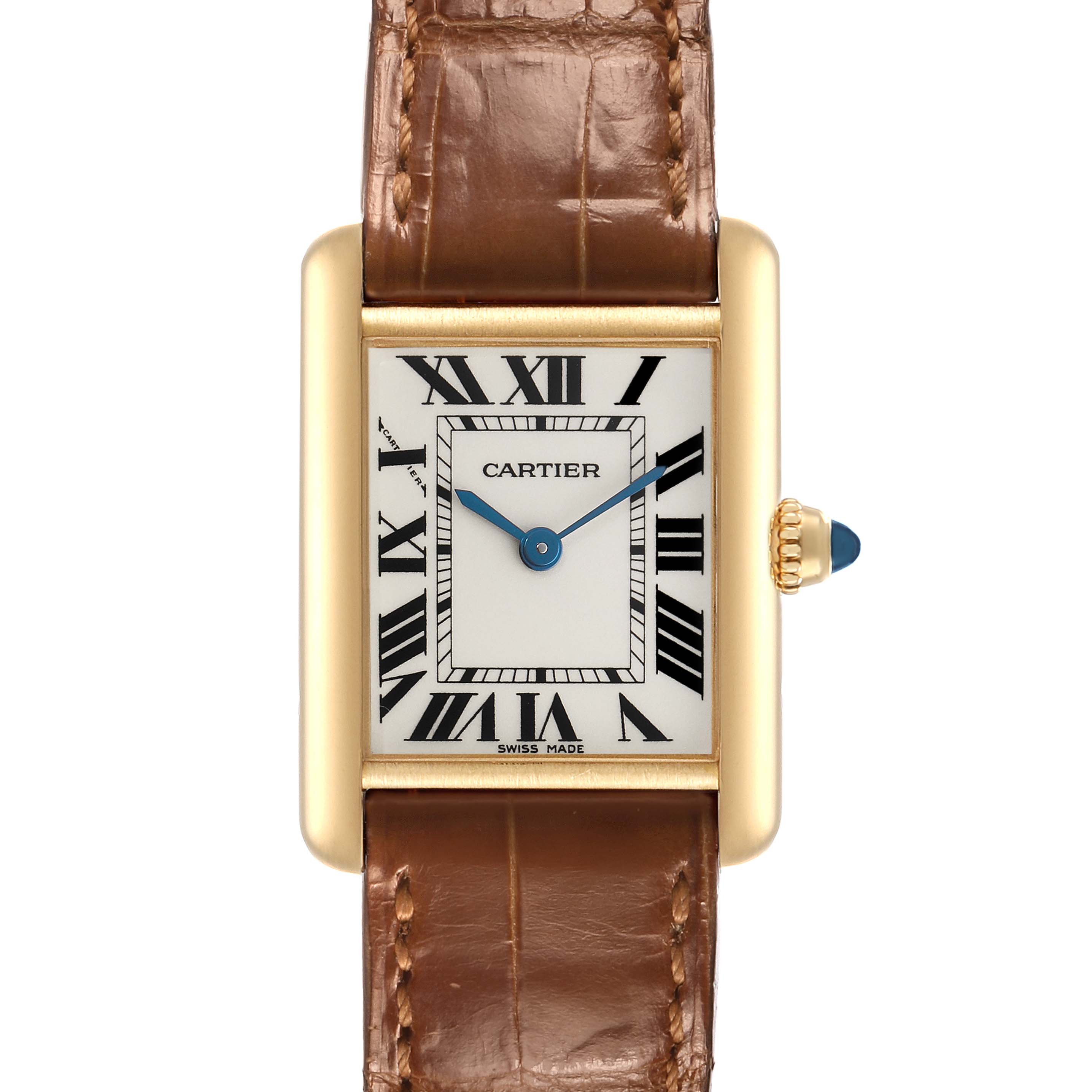The Cartier Tank Louis W1529856 Women's Yellow Gold Silver Dial watch is shown from the front, highlighting its rectangular face, Roman numerals, and leather strap.