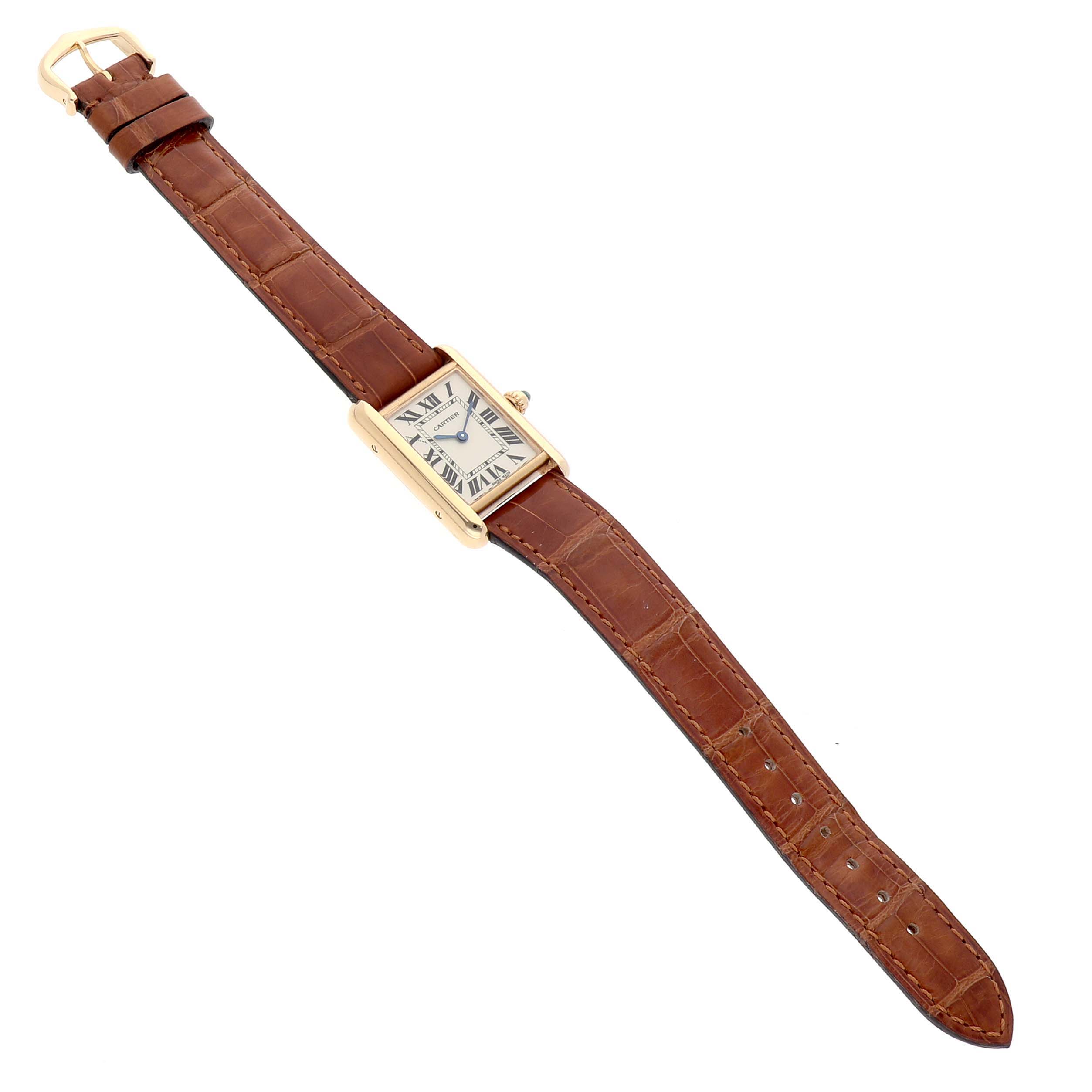 The Cartier Tank Louis W1529856 Women's Yellow Gold Silver Dial watch is shown from a top view, displaying its rectangular dial and brown leather strap.