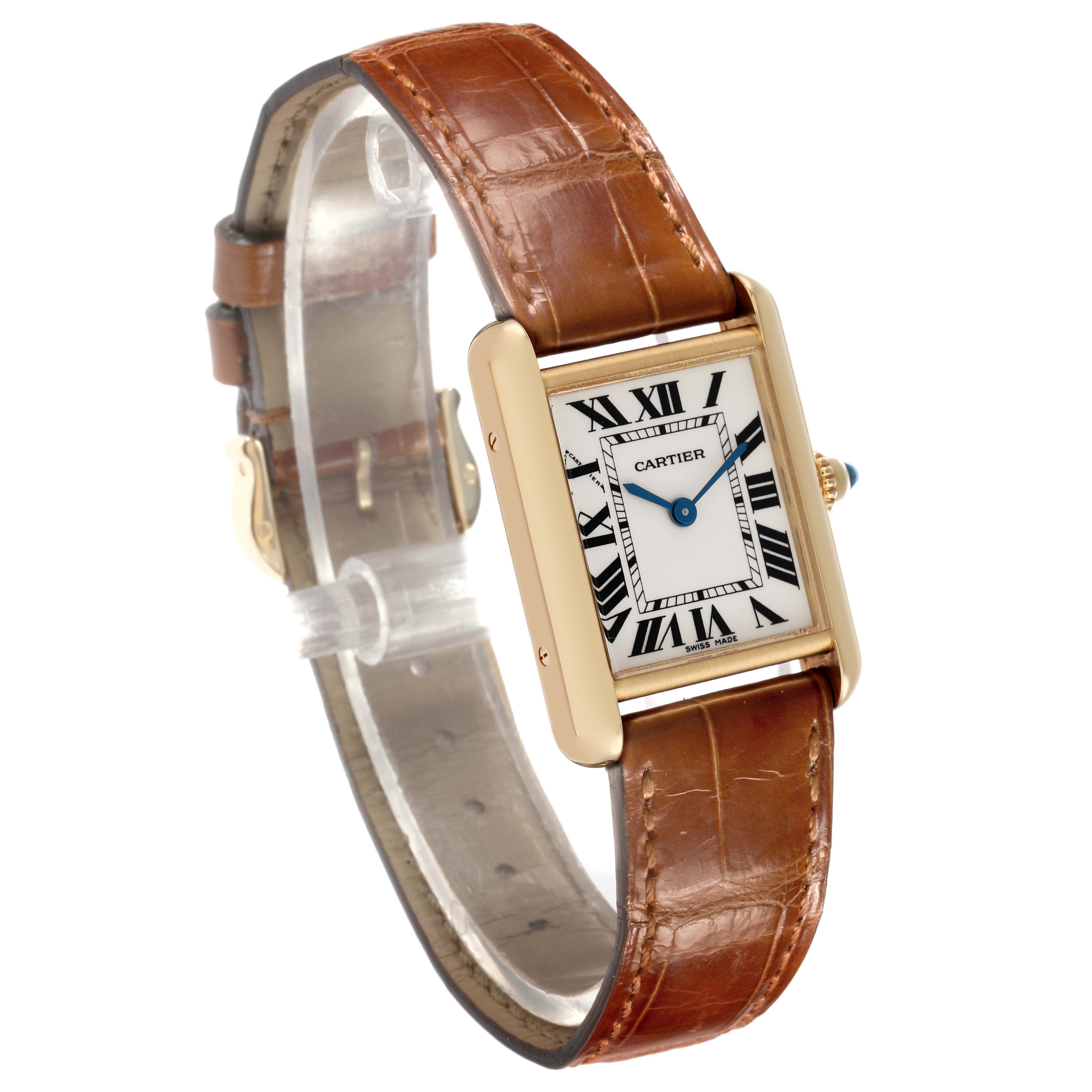 The Cartier Tank Louis W1529856 Women's Yellow Gold Silver Dial watch is shown at a slight side angle, highlighting the face, bezel, crown, and leather strap.