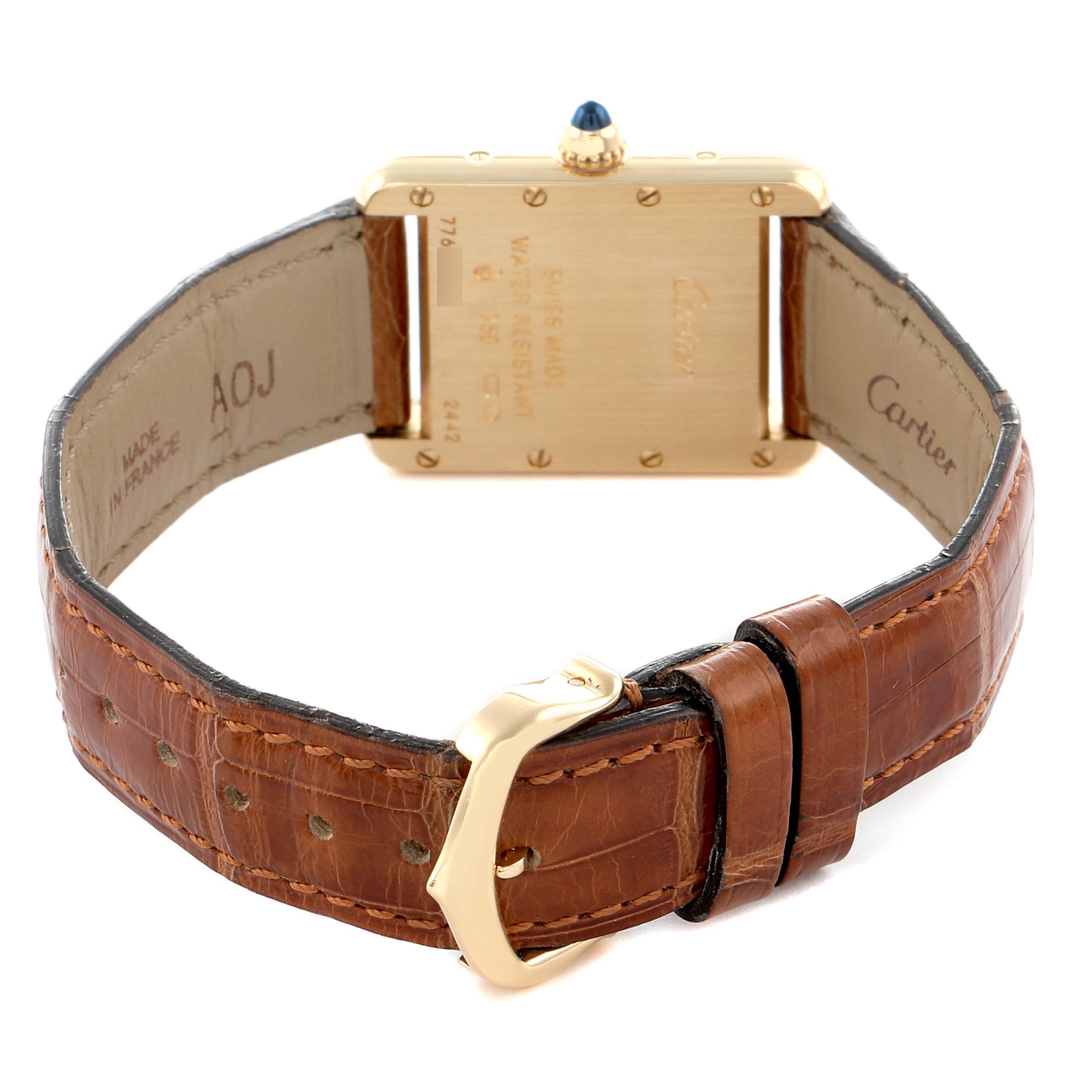 The image shows the back of the Cartier Tank Louis W1529856 Women's Yellow Gold Silver Dial watch, highlighting the case, strap, and buckle.