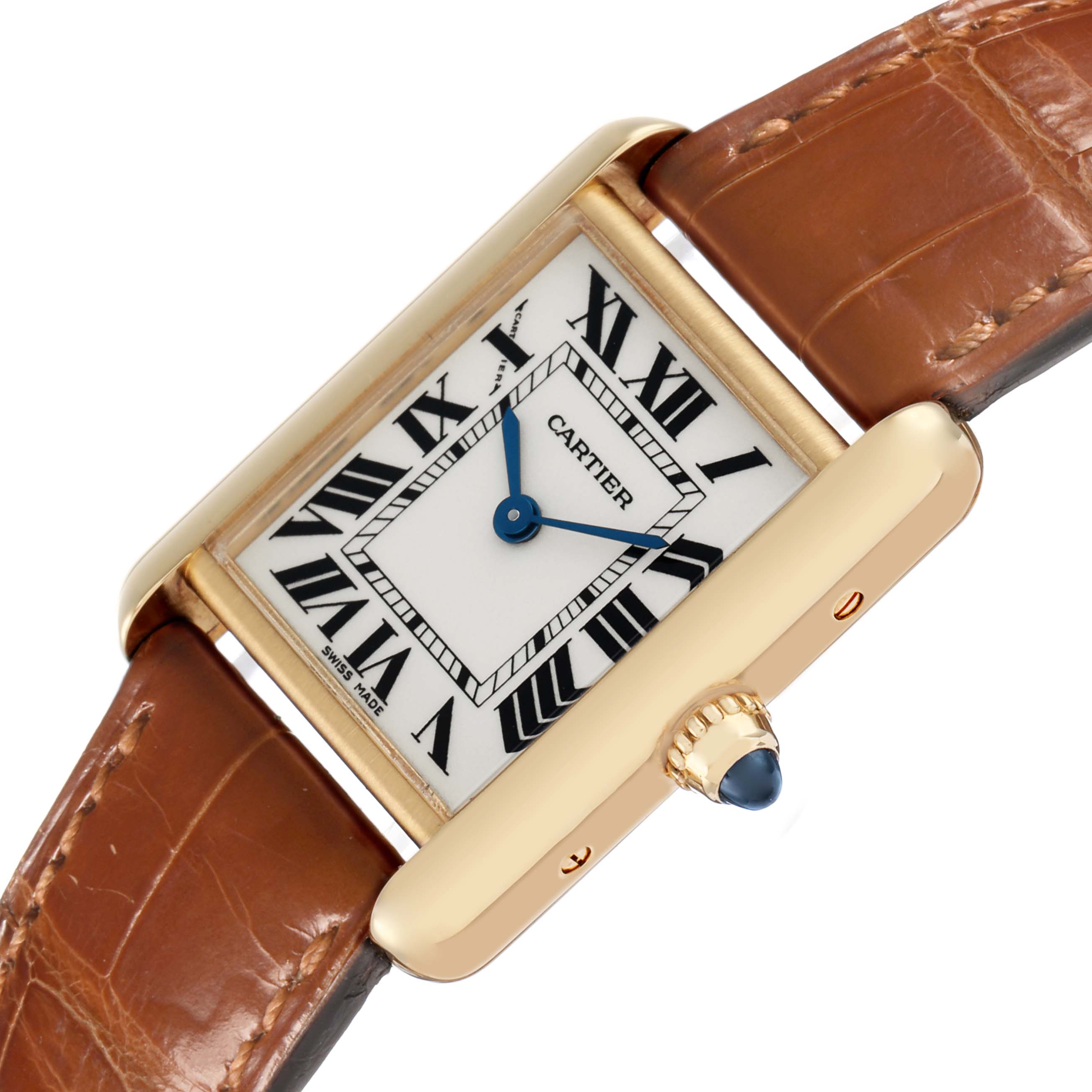 The Cartier Tank Louis W1529856 Women's Yellow Gold Silver Dial watch is shown at an angled close-up, highlighting the Roman numeral dial, gold case, and leather strap.