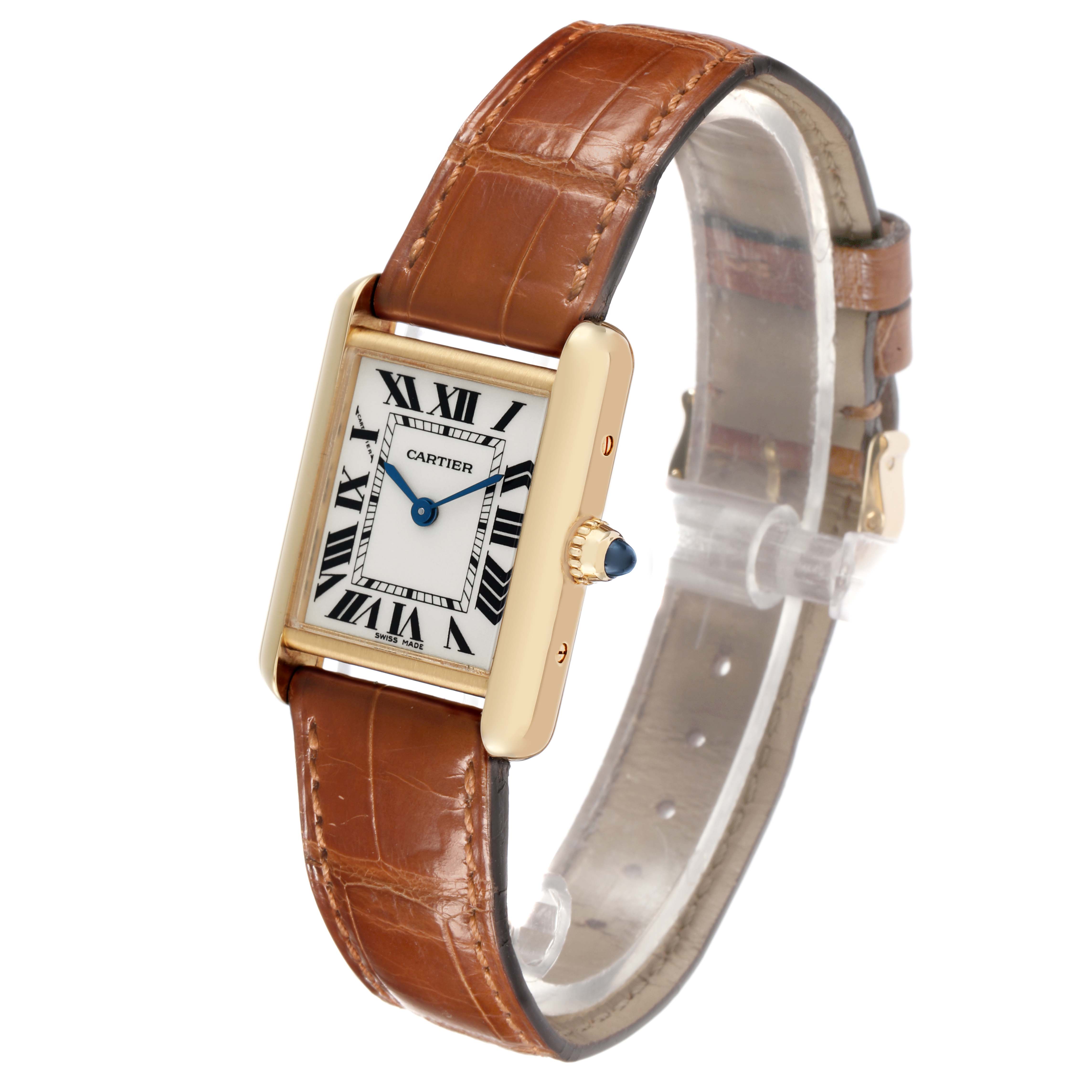 The Cartier Tank Louis W1529856 Women's Yellow Gold Silver Dial watch is shown at an angled side view, featuring its rectangular case, crown, and brown leather strap.