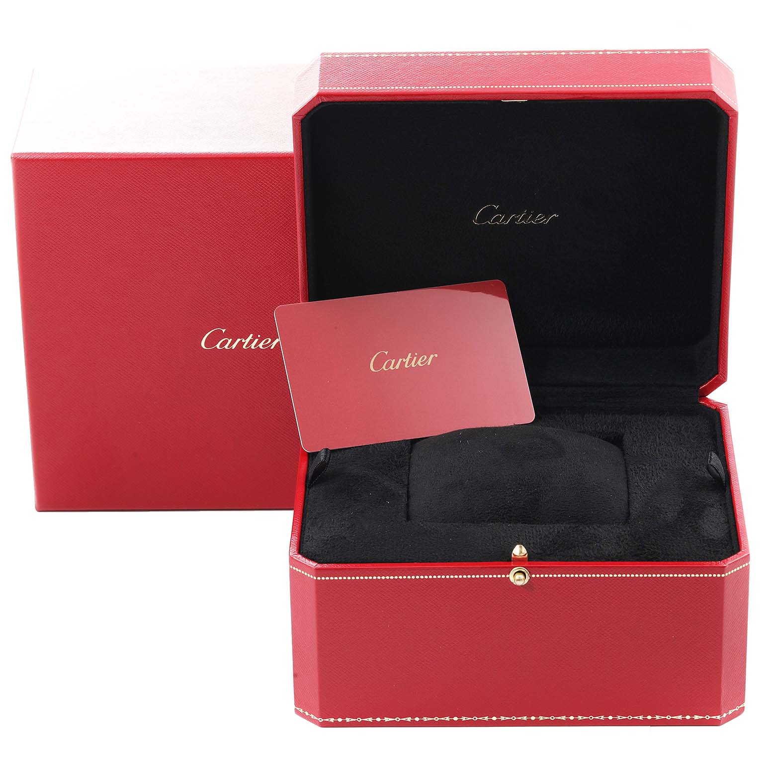 The image shows the packaging for the Cartier Tank MC W5330002 Men's Rose Gold Brown Dial W5330002 Men's Rose Gold Brown Dial watch, including a red box and a Cartier certificate.