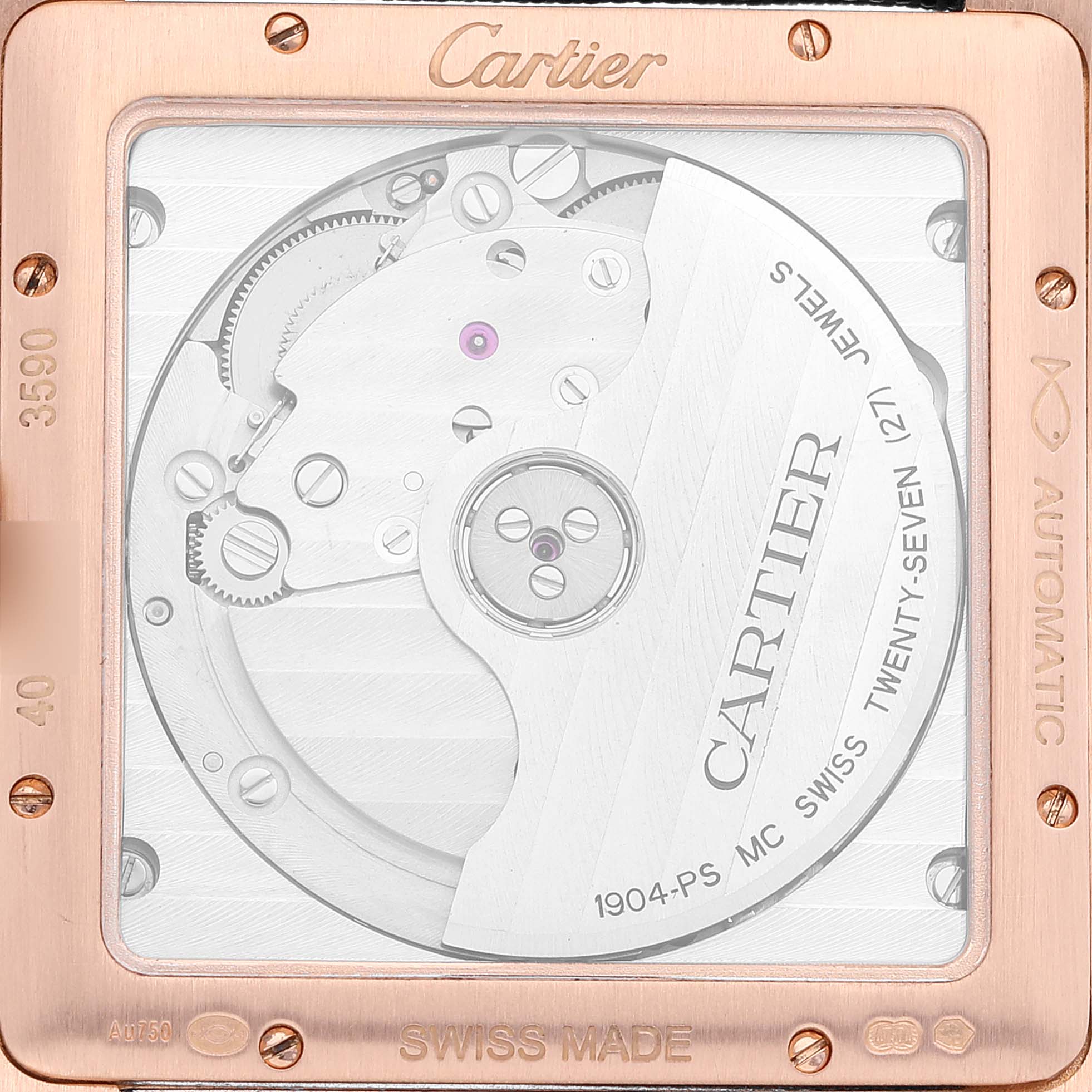 This image shows the back view of the Cartier Tank MC W5330002 Men's Rose Gold Brown Dial W5330002 Men's Rose Gold Brown Dial watch, highlighting the exposed intricate inner mechanisms.