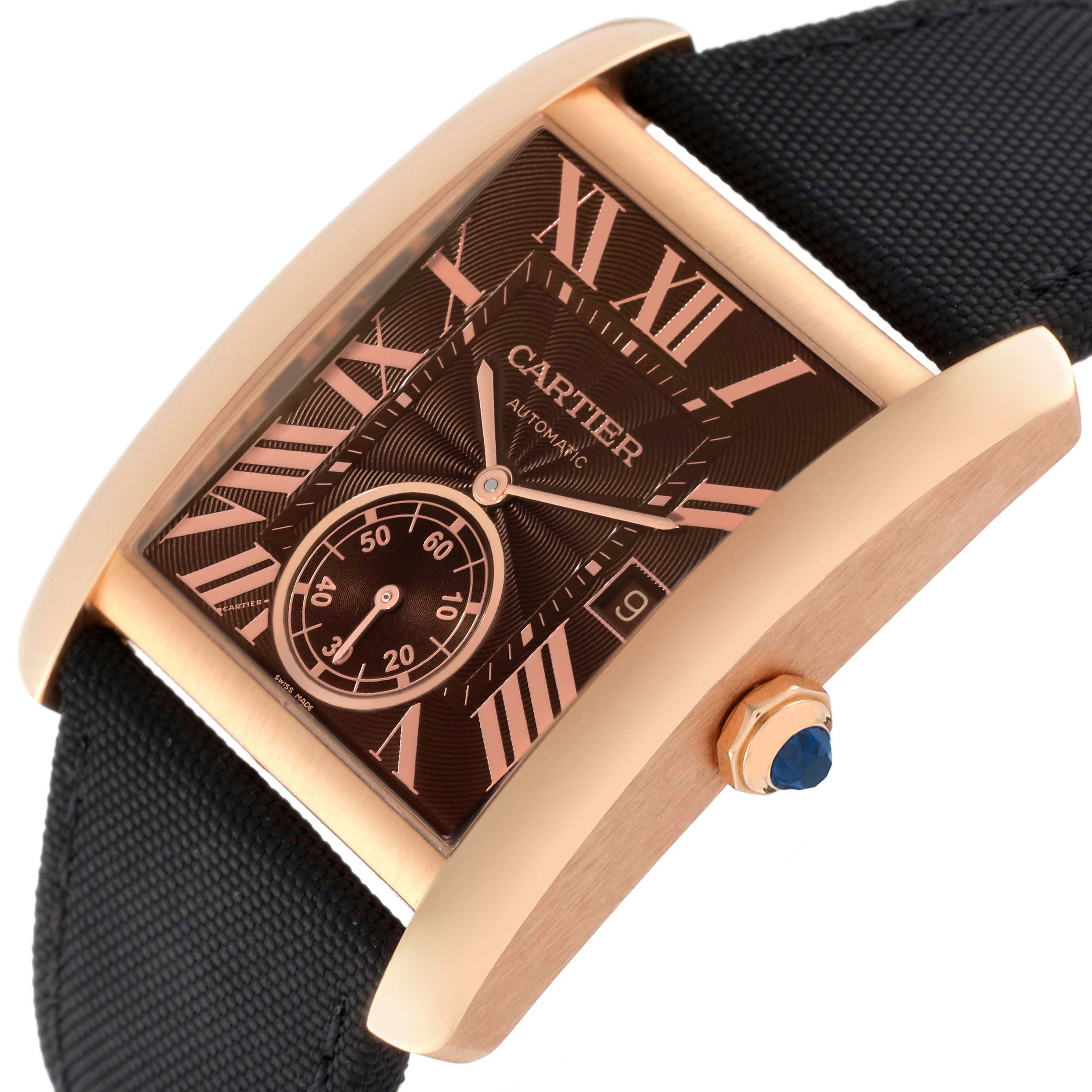 The image shows a Cartier Tank MC W5330002 Men's Rose Gold Brown Dial W5330002 Men's Rose Gold Brown Dial watch at an angled view, highlighting the dial, crown, and strap.