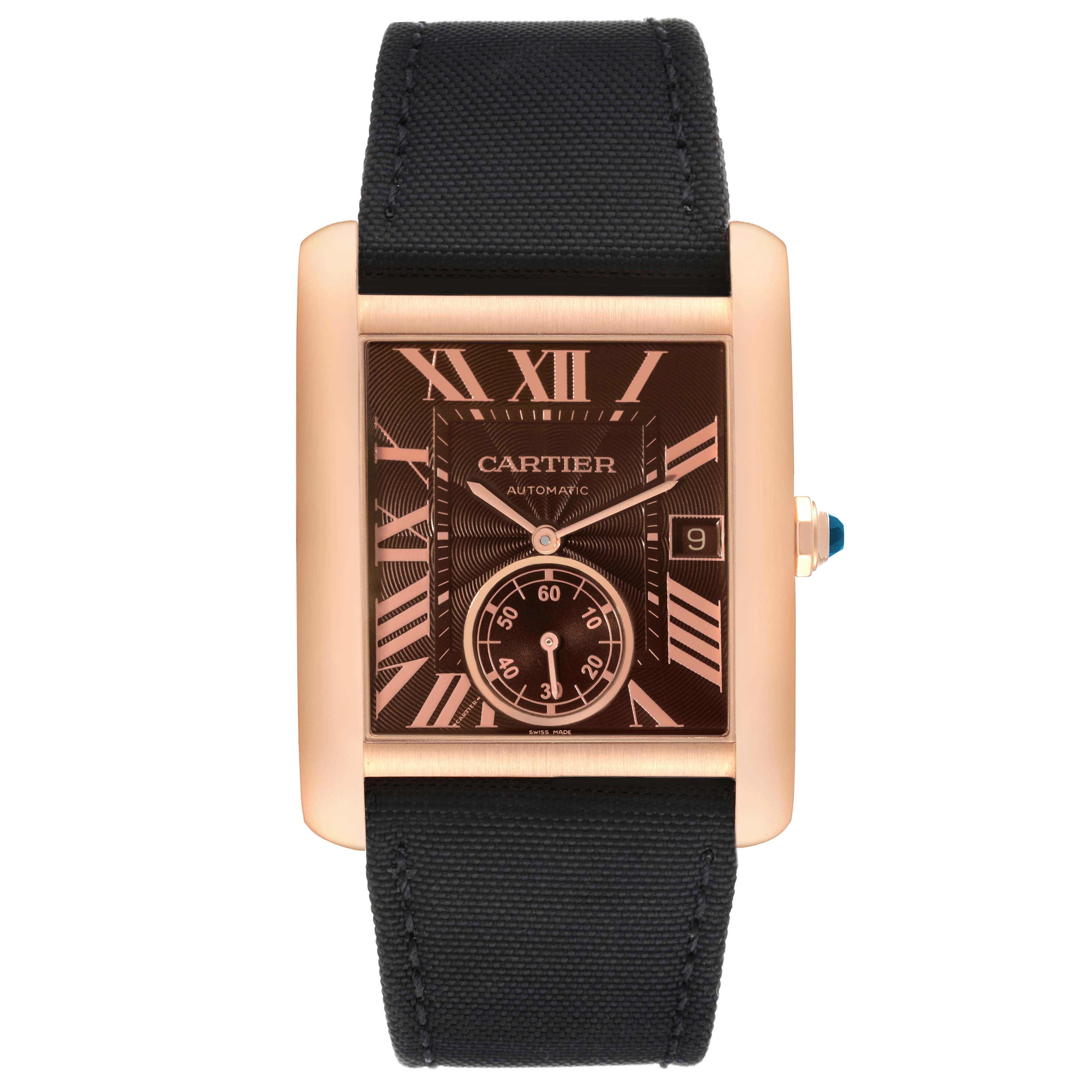 The image shows a front view of a Cartier Tank MC W5330002 Men's Rose Gold Brown Dial W5330002 Men's Rose Gold Brown Dial watch, highlighting the dial, hands, and strap.
