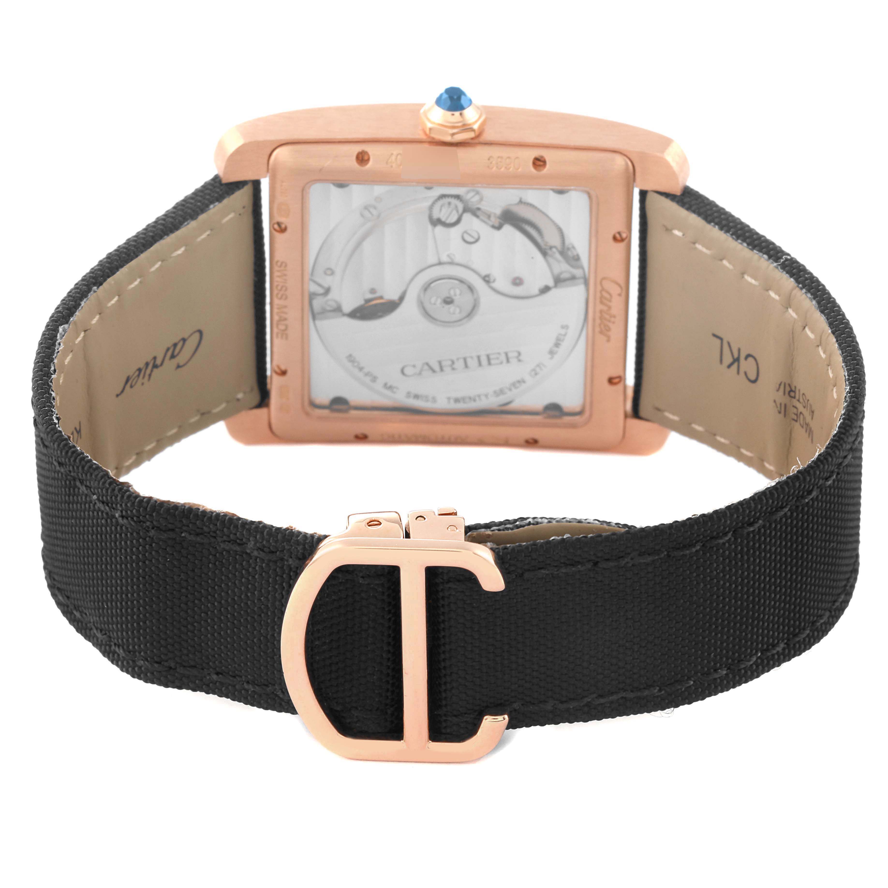 This image shows the back view of the Cartier Tank MC W5330002 Men's Rose Gold Brown Dial W5330002 Men's Rose Gold Brown Dial watch, highlighting its movement and black strap with a rose gold buckle.