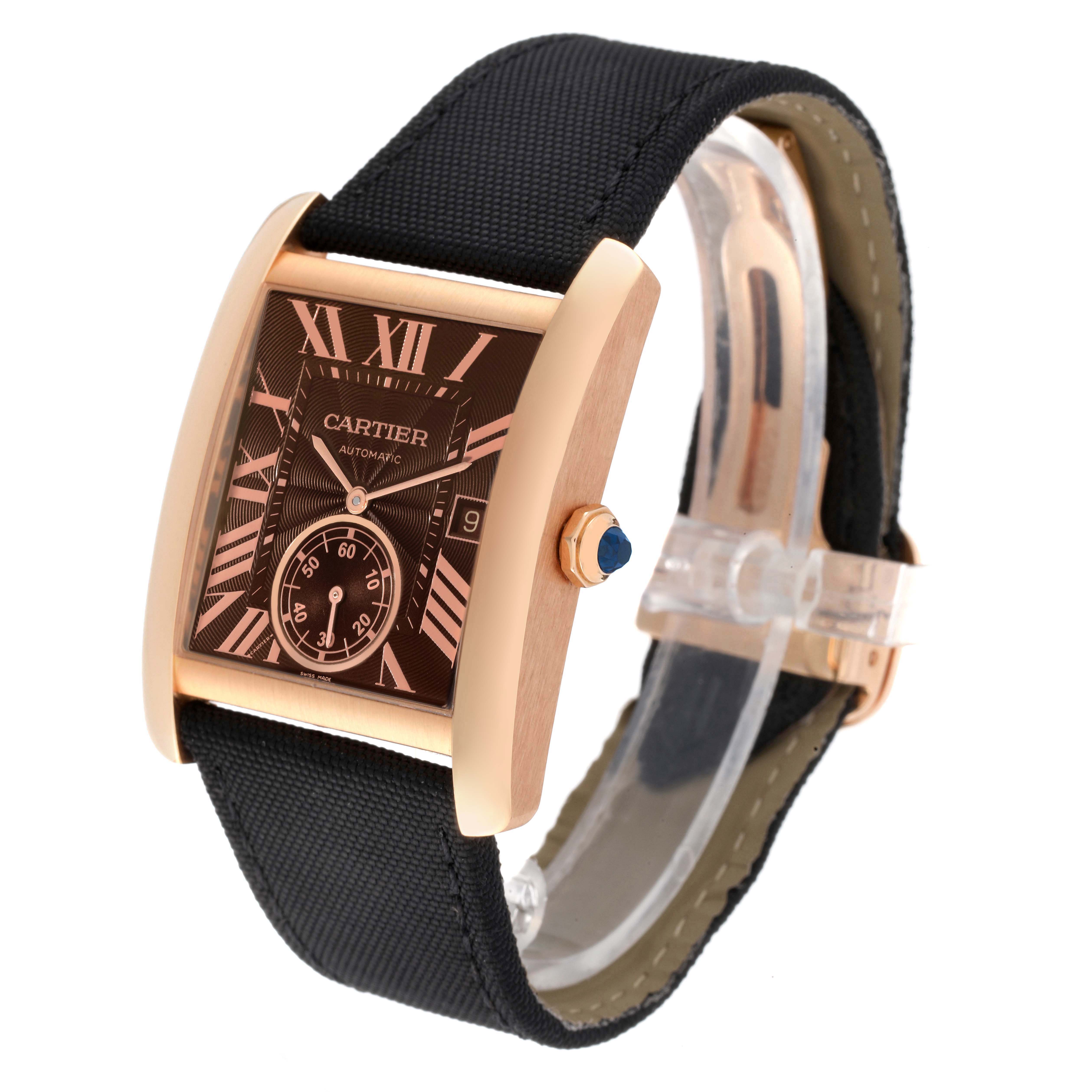 The image shows a Cartier Tank MC W5330002 Men's Rose Gold Brown Dial W5330002 Men's Rose Gold Brown Dial watch from a three-quarters angle, highlighting the dial, crown, and black strap.