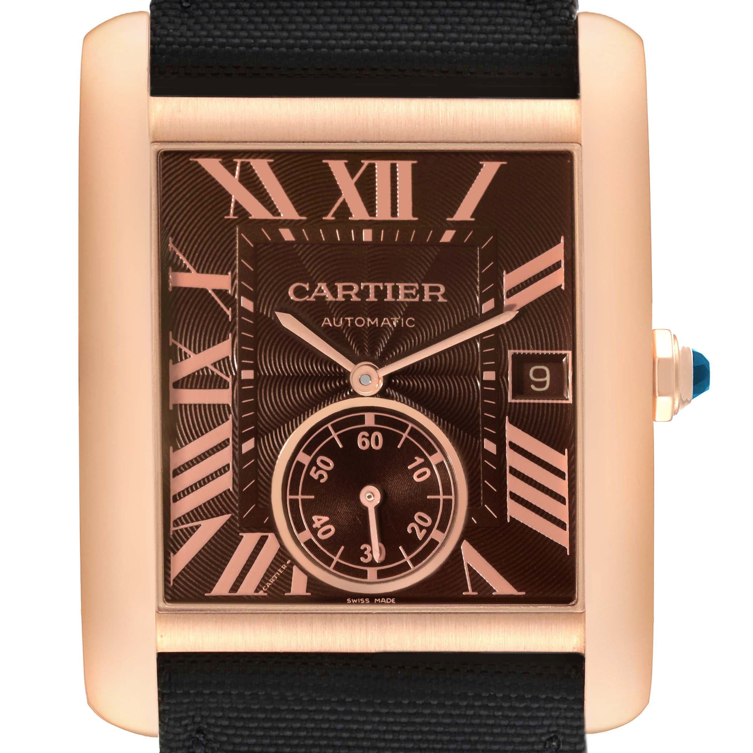 This is a front view of a Cartier Tank MC W5330002 Men's Rose Gold Brown Dial W5330002 Men's Rose Gold Brown Dial watch, showcasing its dial, hands, date window, and crown.