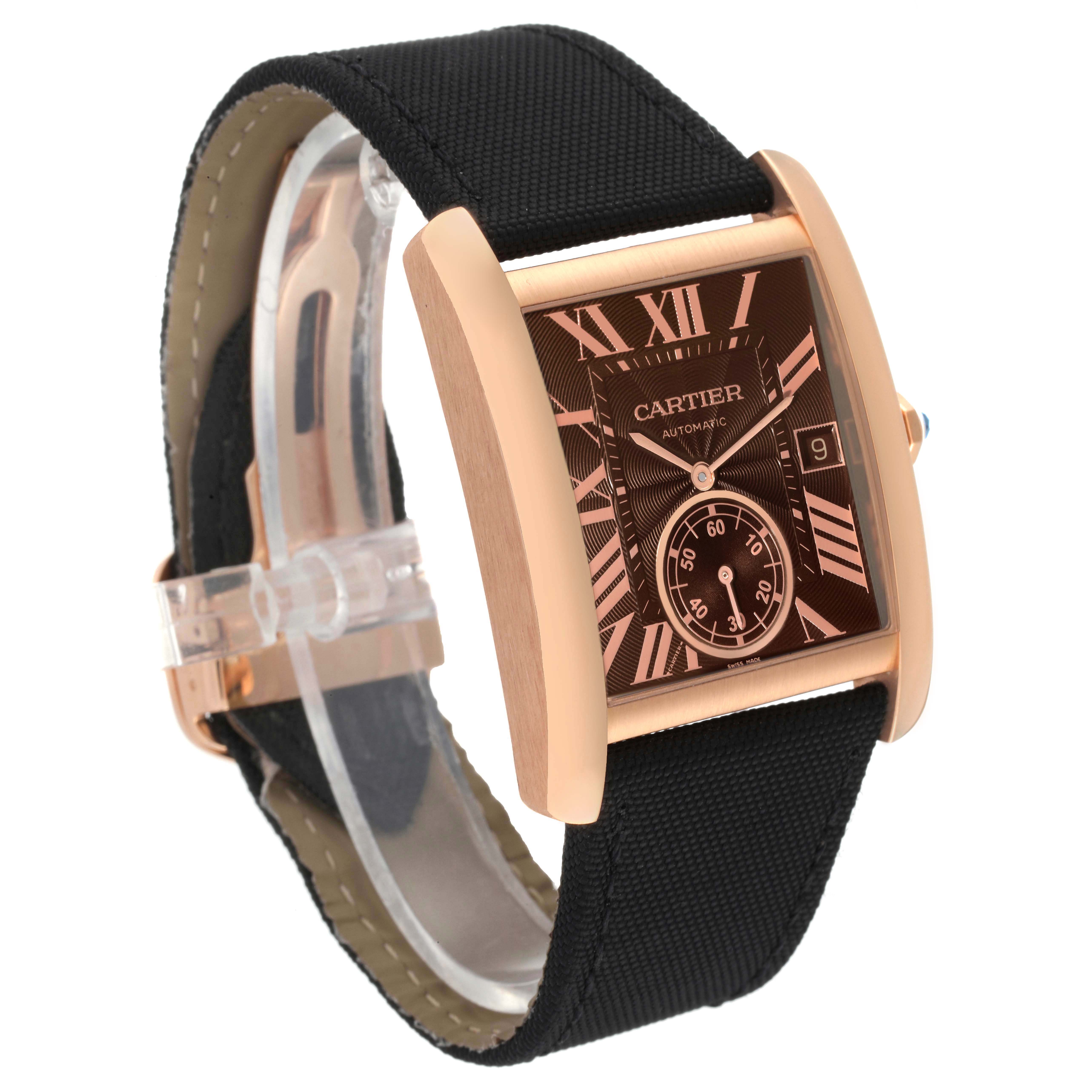 The Cartier Tank MC W5330002 Men's Rose Gold Brown Dial W5330002 Men's Rose Gold Brown Dial watch is shown from an angled front view, displaying its face, rose gold case, and black strap.