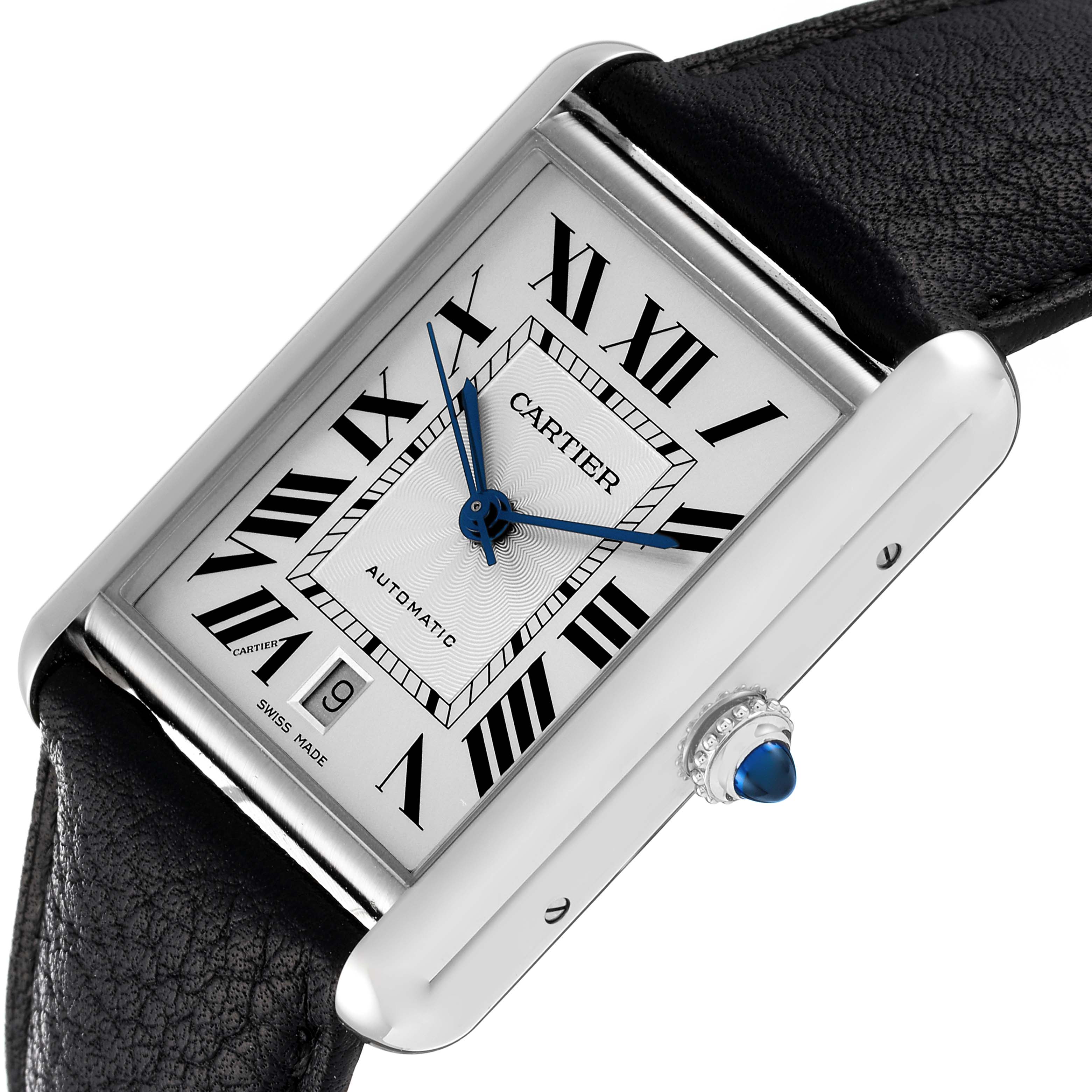 The image shows a Cartier Tank Classic watch at an angle highlighting its face, Roman numerals, hands, and crown with a blue cabochon.