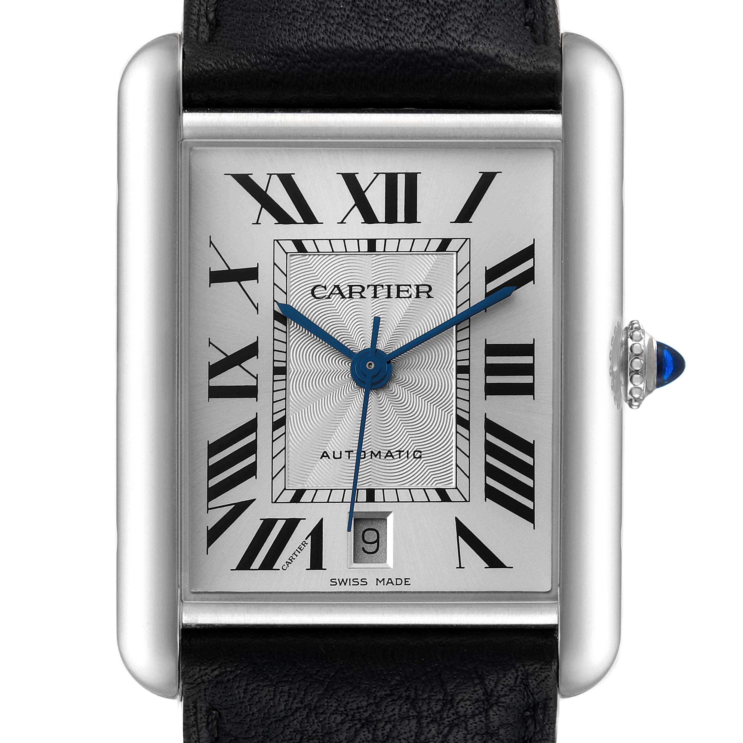 The Cartier Tank Must WSTA0040 Men's Stainless Steel Silver Dial WSTA0040 Men's Stainless Steel Silver Dial watch is shown at a front angle, displaying the face, Roman numeral indices, blue hands, crown, and part of the leather strap.