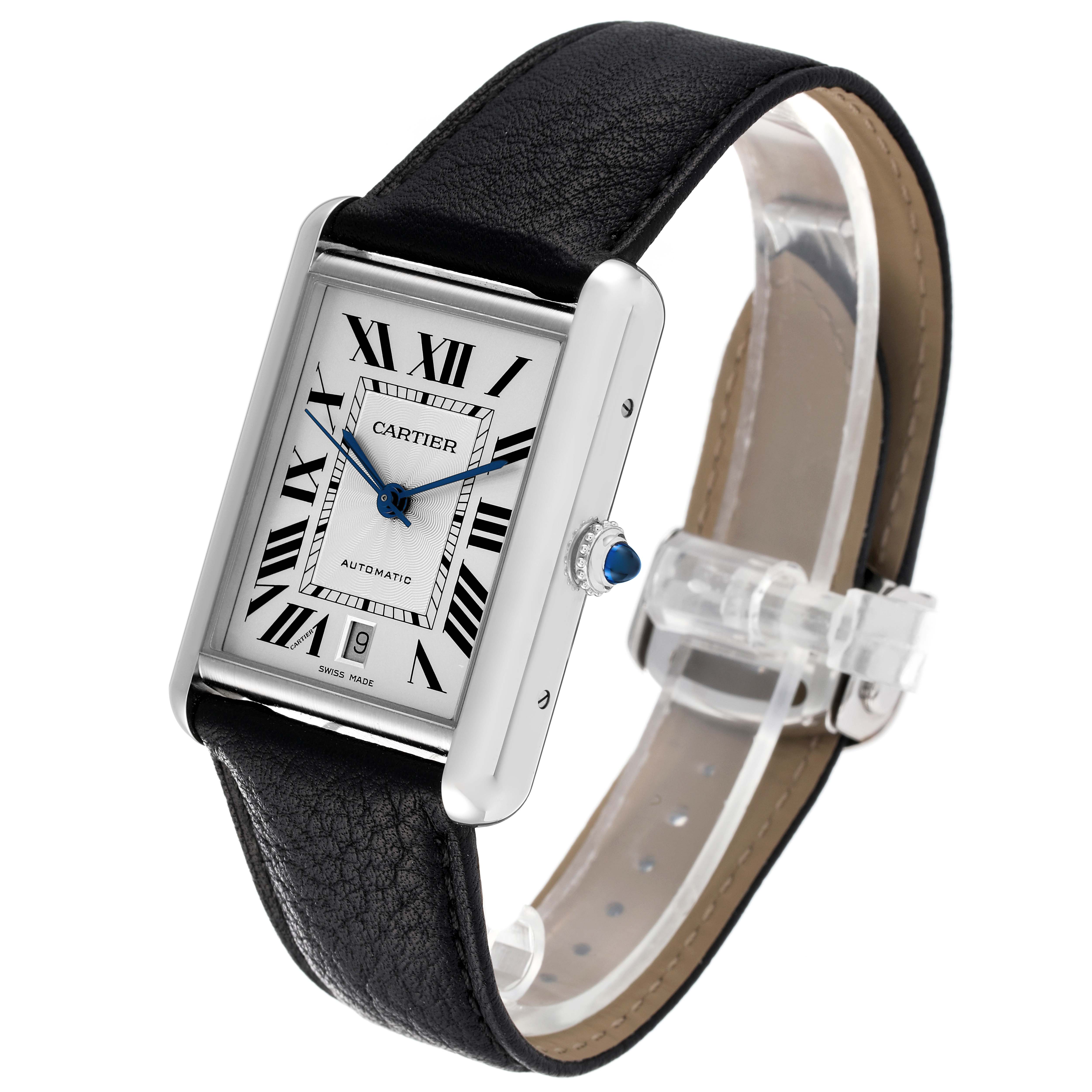 The Cartier Tank Classic watch is displayed at an angle showing the face, strap, and crown with a clear view of its Roman numerals and date window.