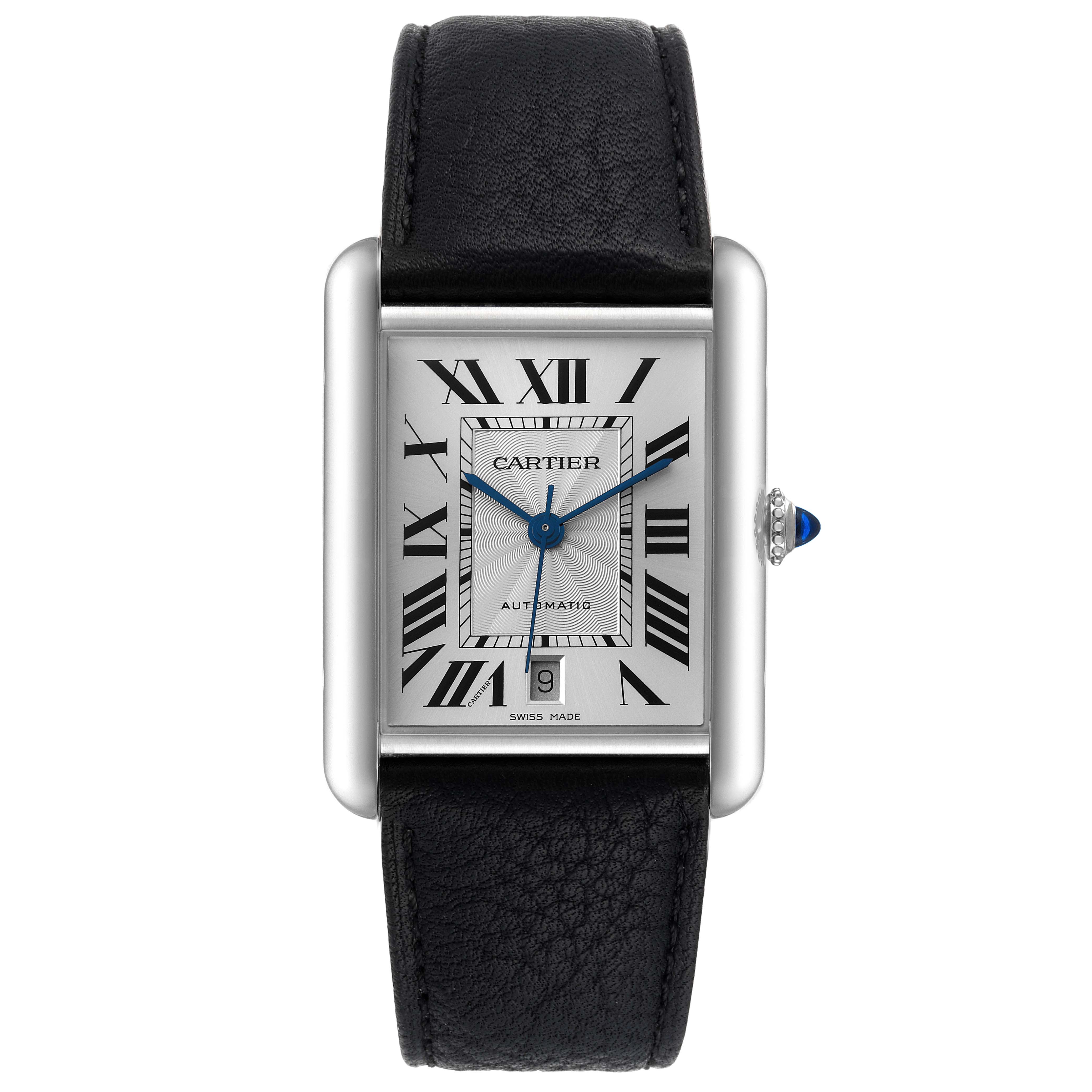 The image displays a front view of the Cartier Tank Classic watch, showcasing the dial, roman numerals, hands, and the crown with a blue gem.