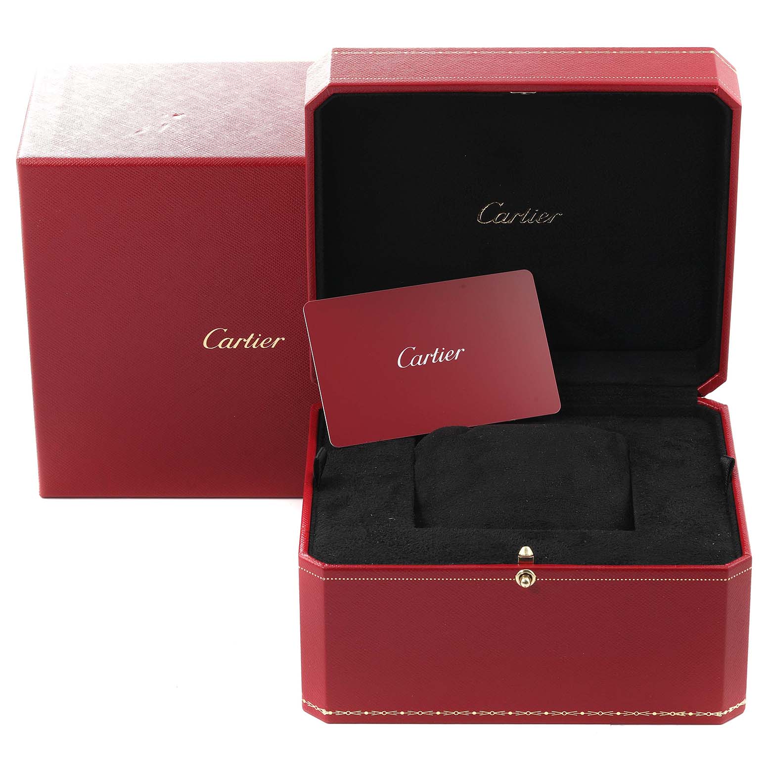 This image shows the red box packaging and accessories for the Cartier Tank Classic watch.