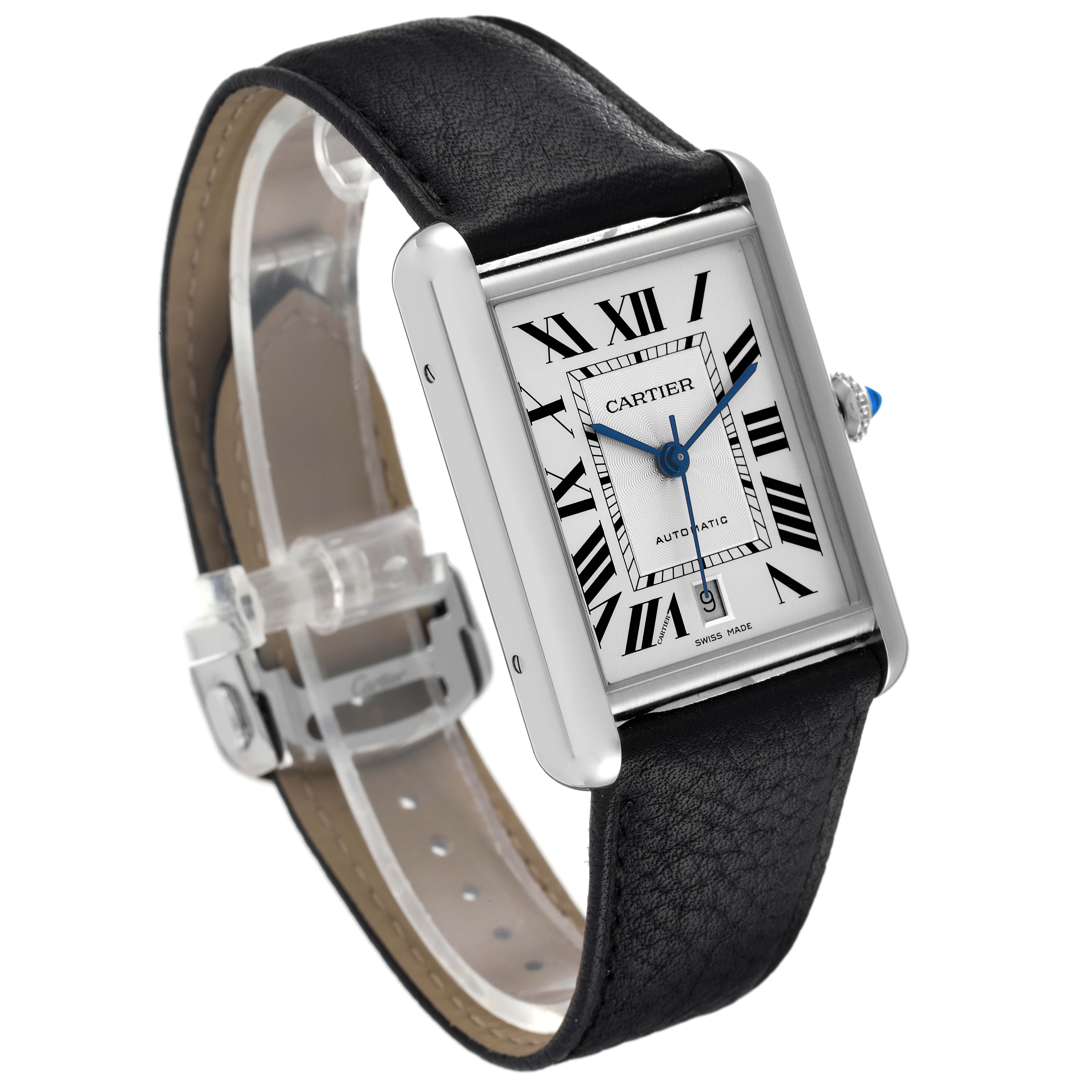 The image shows a Tank Classic model by Cartier at a slight angle, highlighting its face, case, crown, and leather strap.