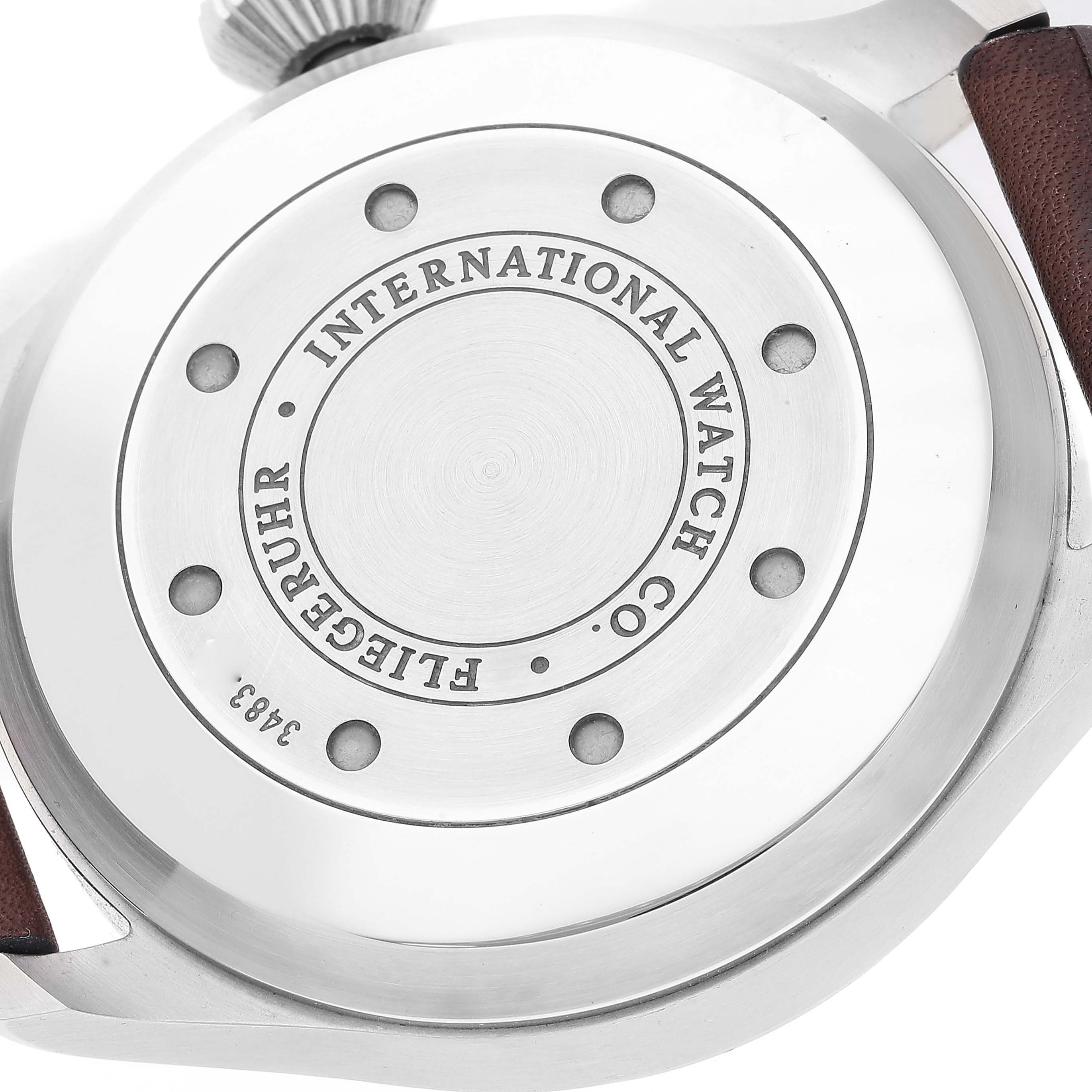 This image shows the case back of the IWC Pilot IW500401 Men's Stainless Steel Black Dial IW500401 Men's Stainless Steel Black Dial watch model.