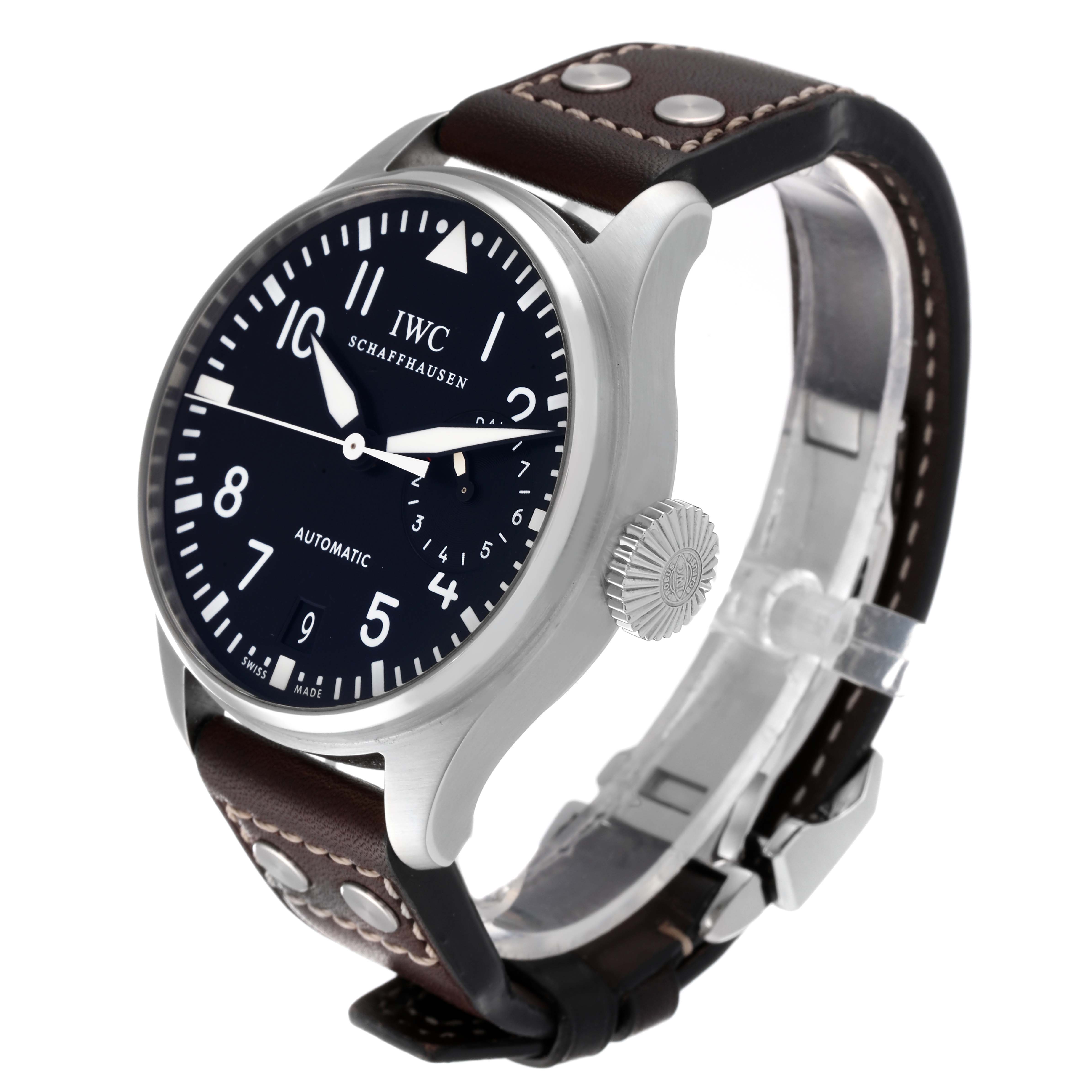 The IWC Pilot IW500401 Men's Stainless Steel Black Dial IW500401 Men's Stainless Steel Black Dial watch is shown at an oblique angle, highlighting the face, crown, and leather strap with rivets.