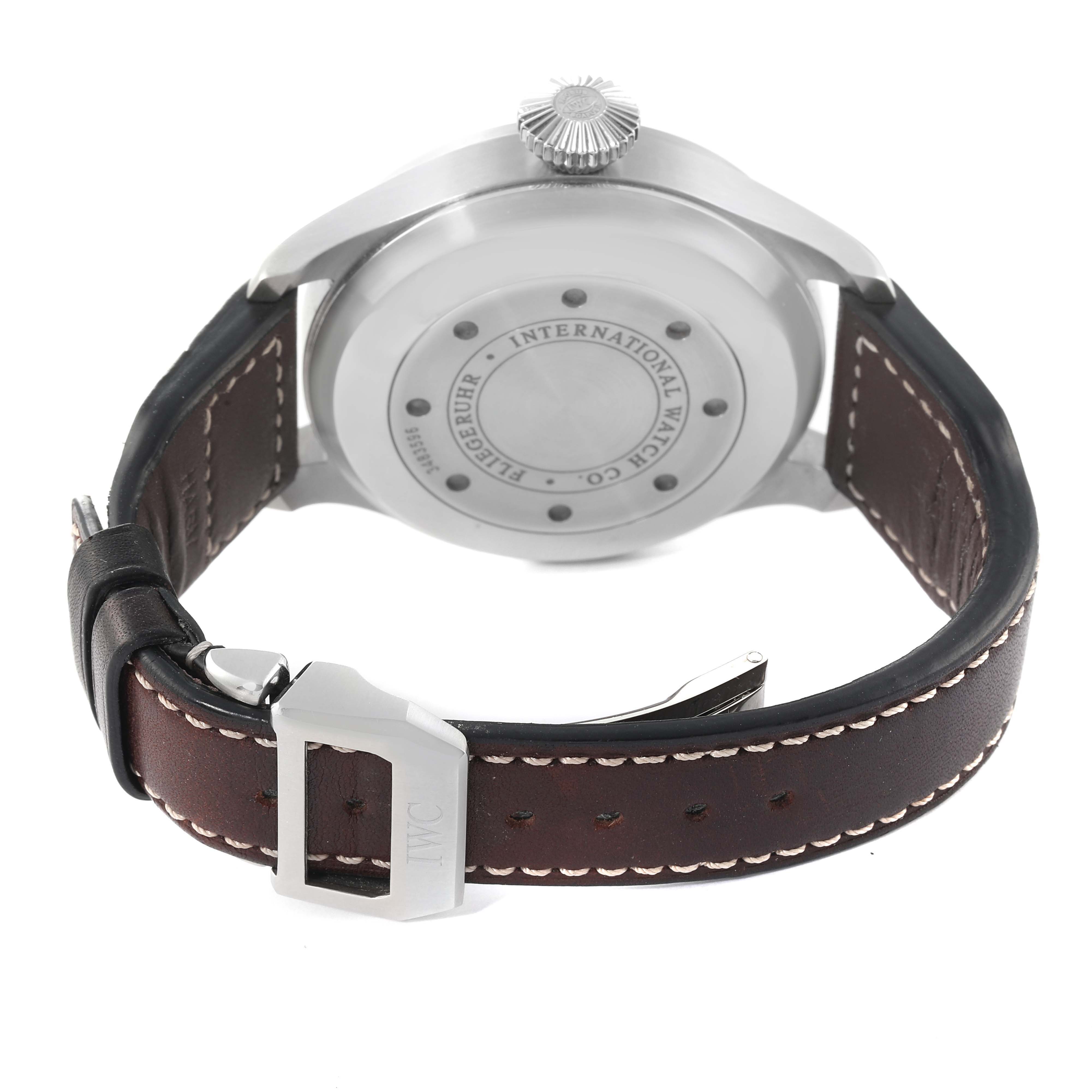 The image shows the back, side, and strap of the IWC Pilot IW500401 Men's Stainless Steel Black Dial IW500401 Men's Stainless Steel Black Dial model watch, highlighting the crown, caseback, and buckle.