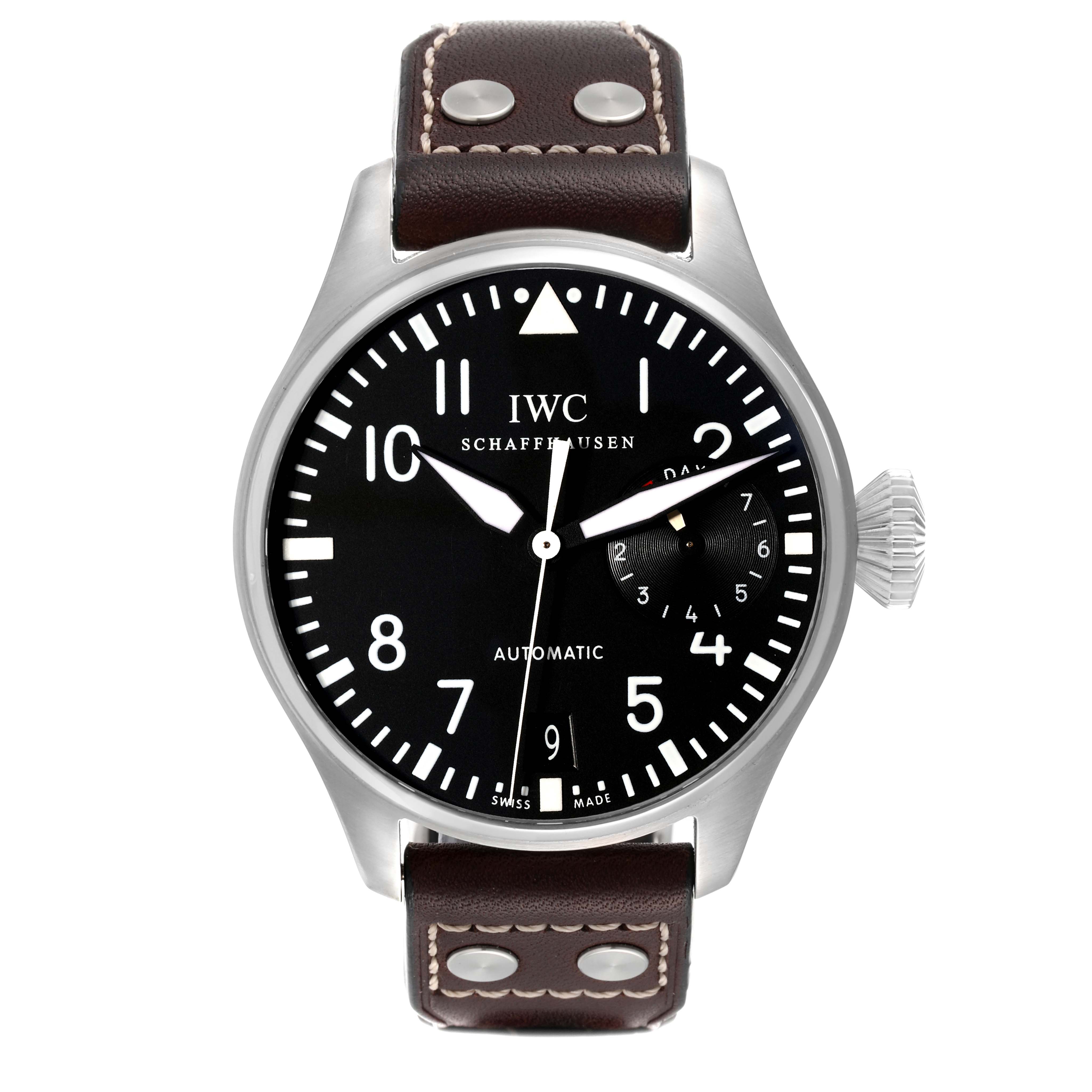 This image shows a front view of an IWC Pilot IW500401 Men's Stainless Steel Black Dial IW500401 Men's Stainless Steel Black Dial model watch, featuring a black dial, white numerals, and a brown leather strap.