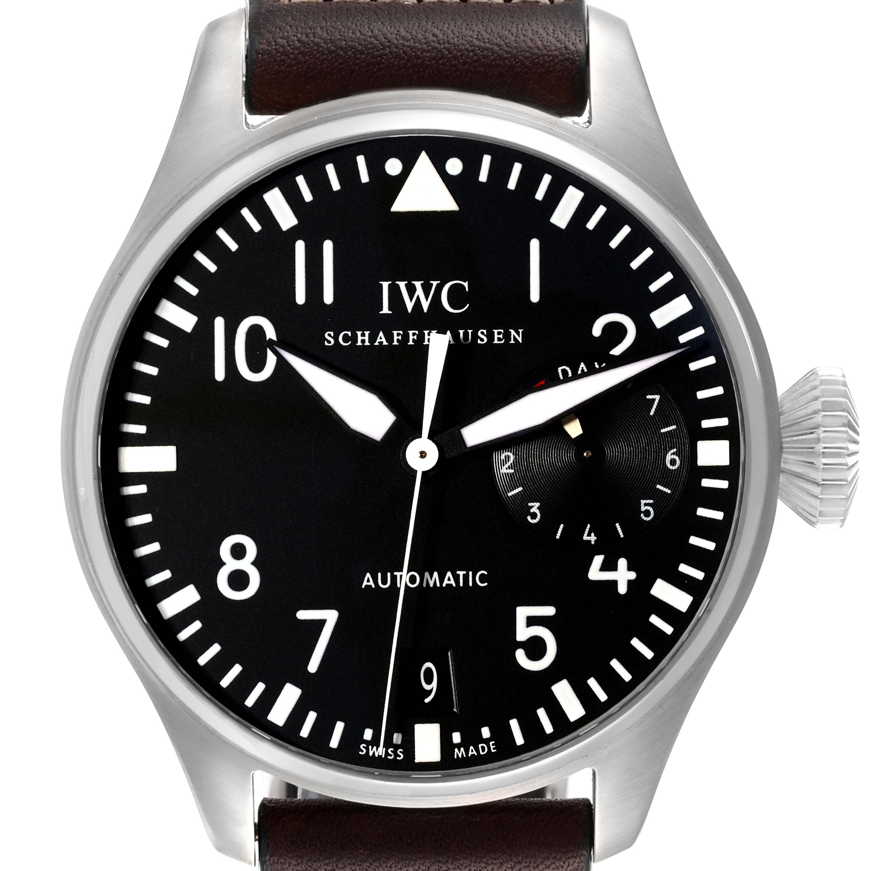 The image shows a front view of an IWC Pilot IW500401 Men's Stainless Steel Black Dial IW500401 Men's Stainless Steel Black Dial model watch, highlighting the dial, hands, hour markers, and crown.