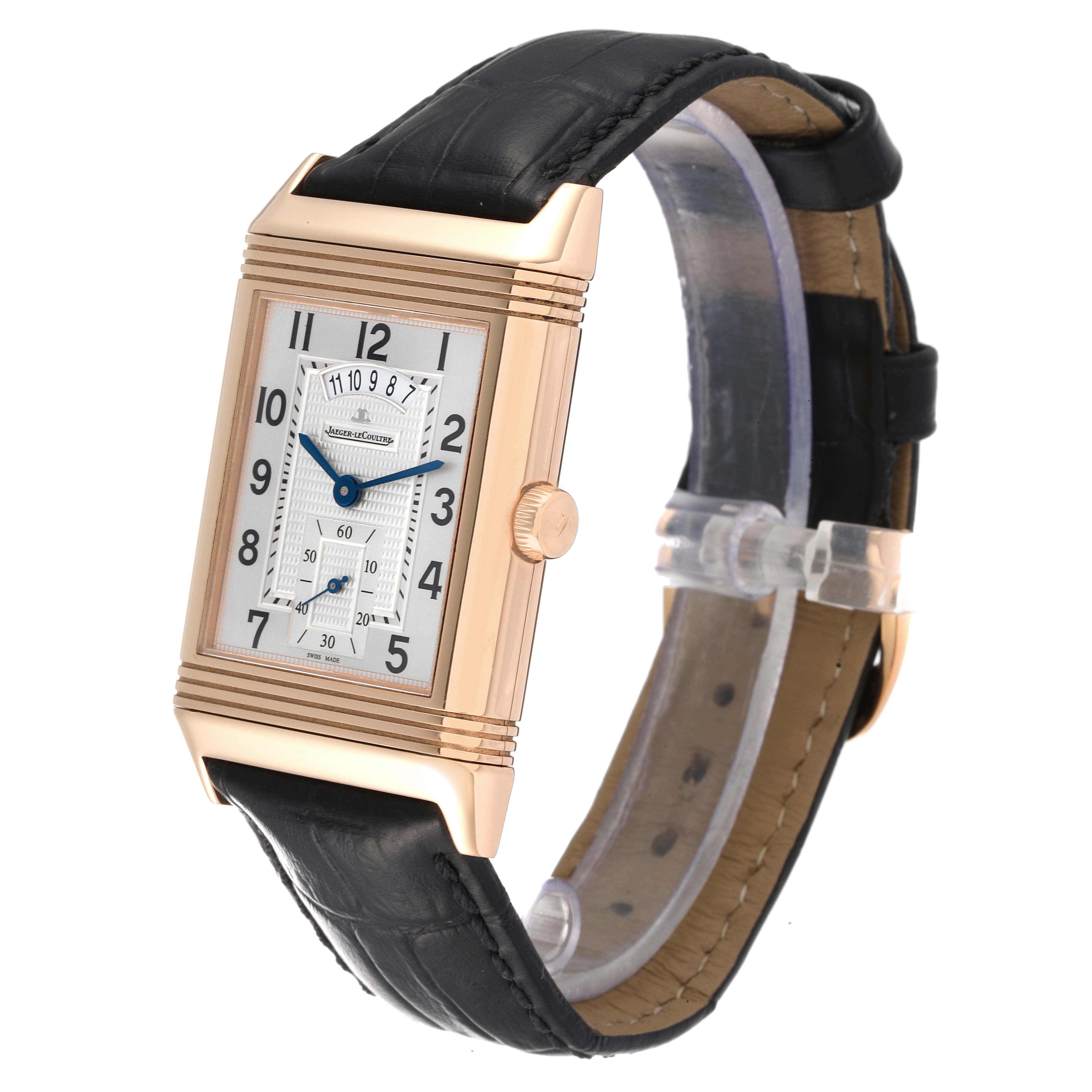 The image shows a side angle of the Jaeger LeCoultre Reverso Q3742521 Men's Rose Gold Silver Dial Q3742521 Men's Rose Gold Silver Dial watch, highlighting its rectangular face and black leather strap.