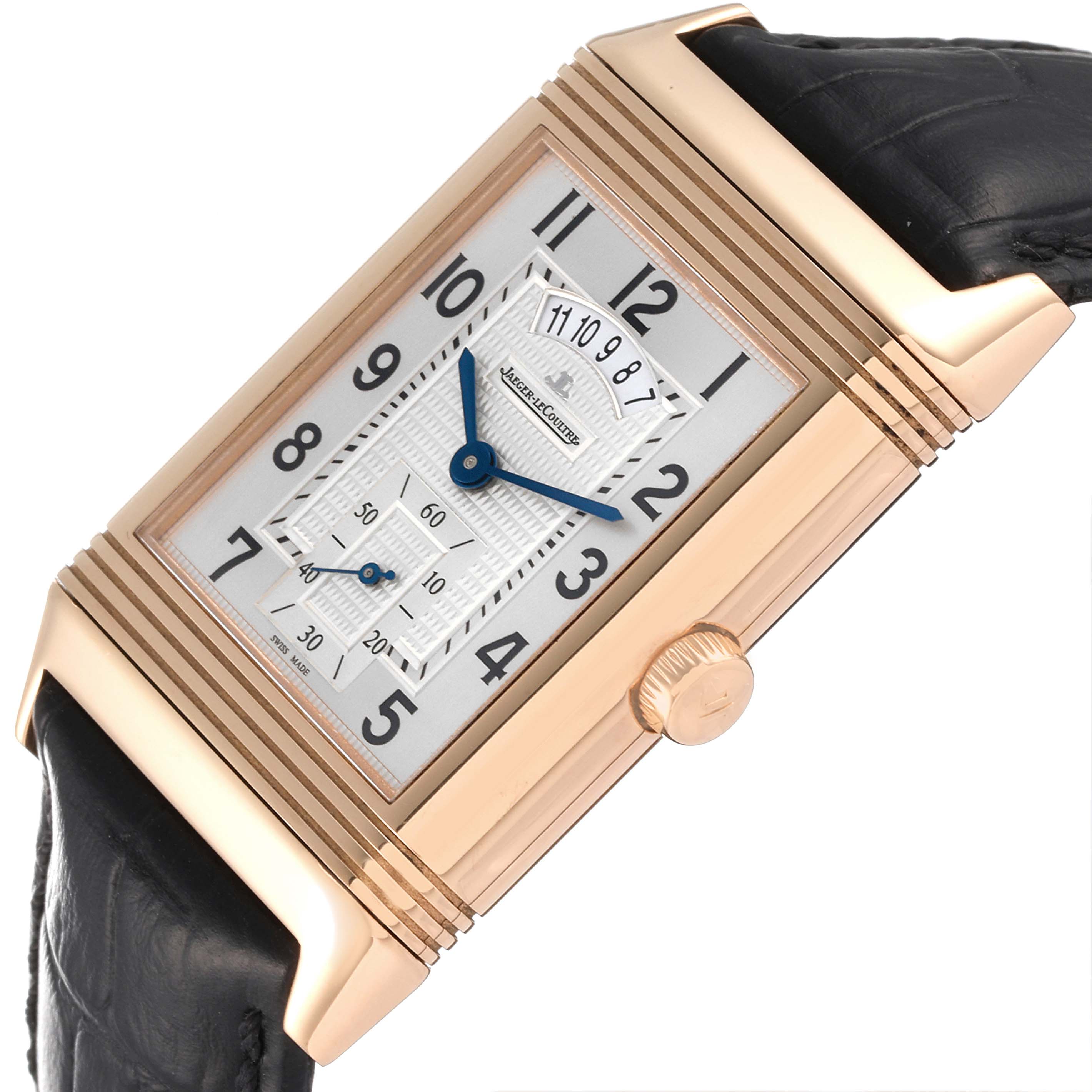 The image shows a Jaeger LeCoultre Reverso Q3742521 Men's Rose Gold Silver Dial Q3742521 Men's Rose Gold Silver Dial watch at an angle highlighting the dial, crown, and part of the leather strap.