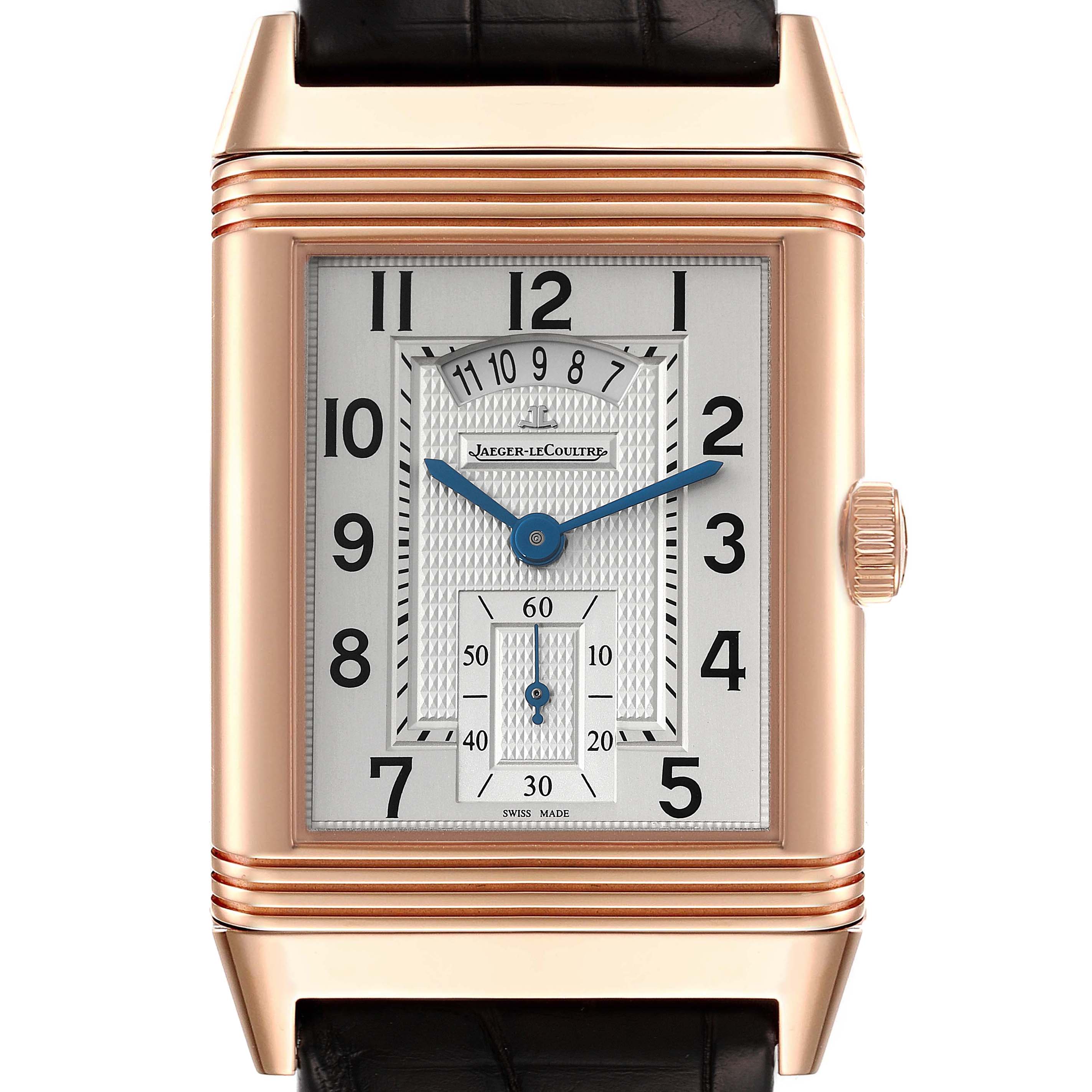This image shows a front view of a Jaeger-LeCoultre Reverso watch, highlighting the dial, case, crown, and leather strap.