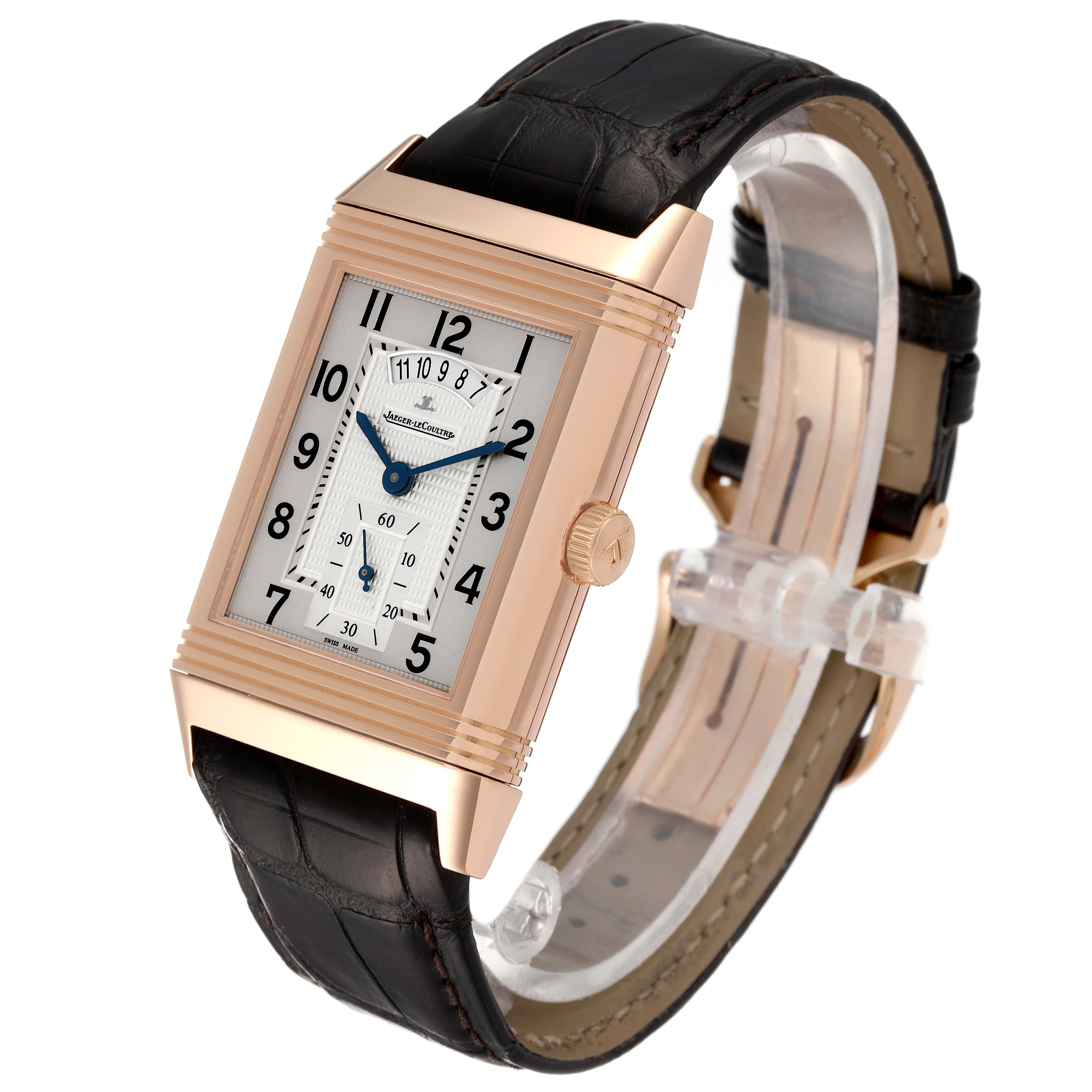 The Jaeger LeCoultre Reverso Q3742521 Men
s Rose Gold Silver Dial Q3742521 Men
s Rose Gold Silver Dial watch is shown at a slight angle, highlighting the face, crown, and strap.