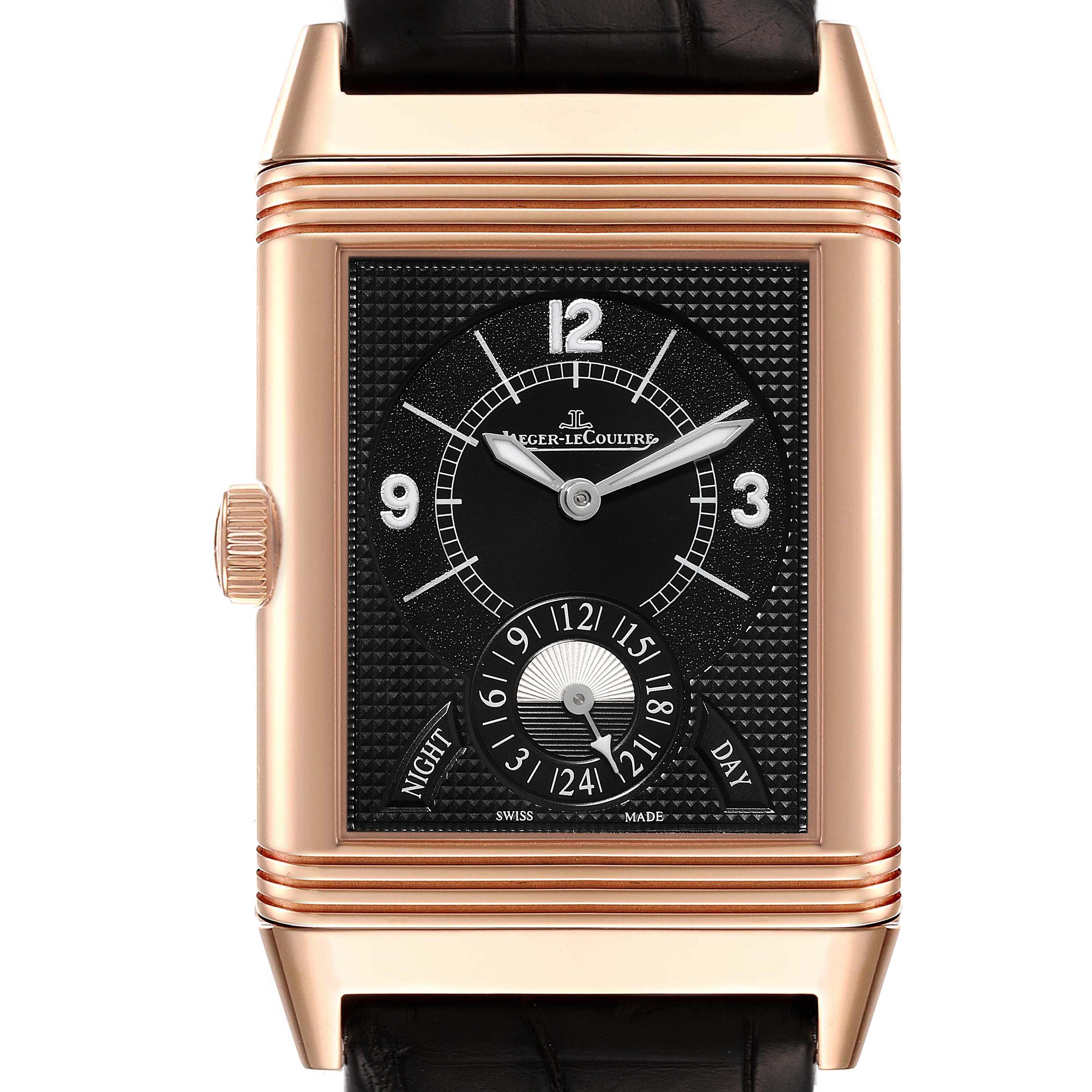 The image shows a front view of a Jaeger LeCoultre Reverso Q3742521 Men
s Rose Gold Silver Dial Q3742521 Men
s Rose Gold Silver Dial watch, highlighting its rectangular dial, dual time zones, and rose gold case.