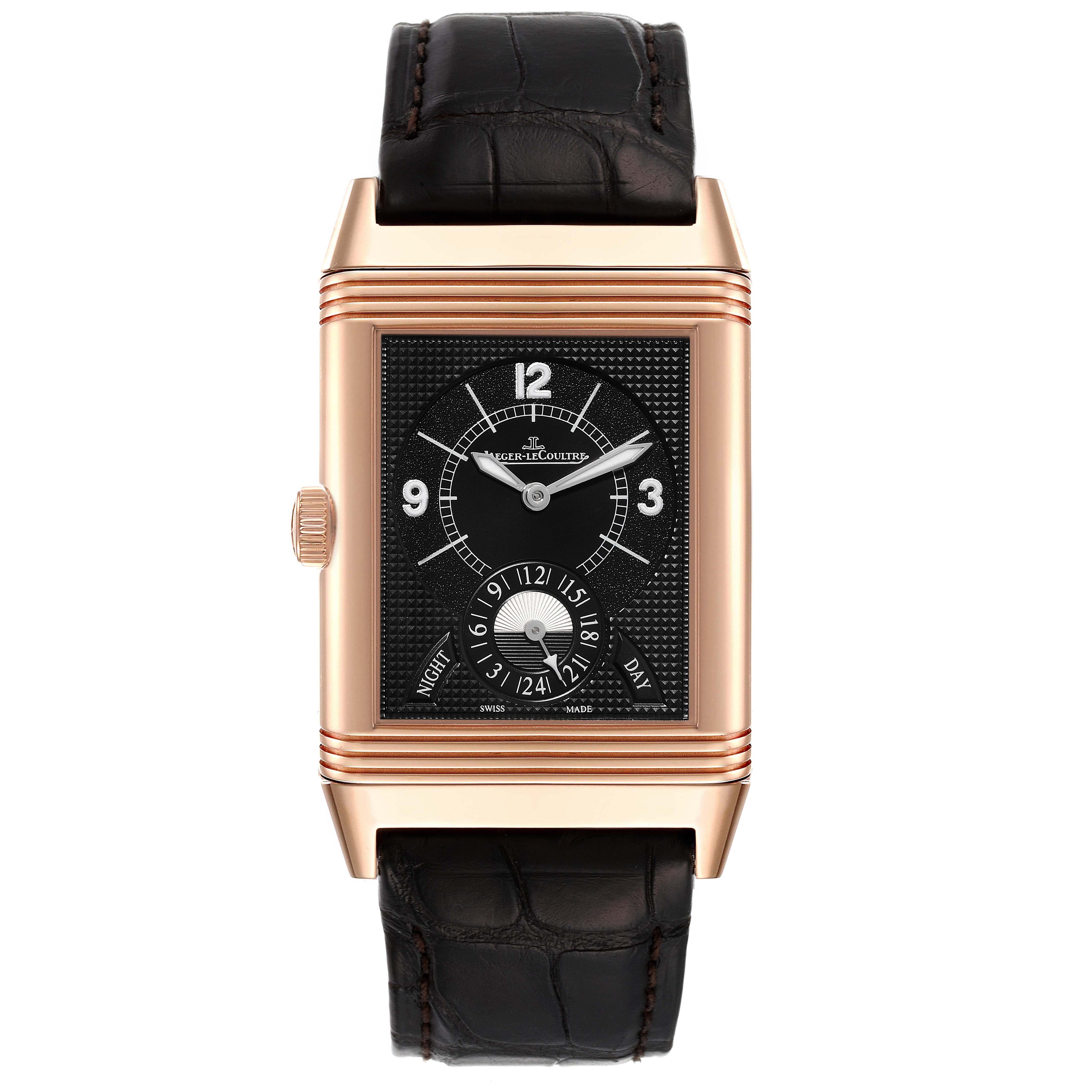 This image shows a frontal view of the Jaeger LeCoultre Reverso Q3742521 Men
s Rose Gold Silver Dial Q3742521 Men
s Rose Gold Silver Dial watch, highlighting its dial and leather strap.