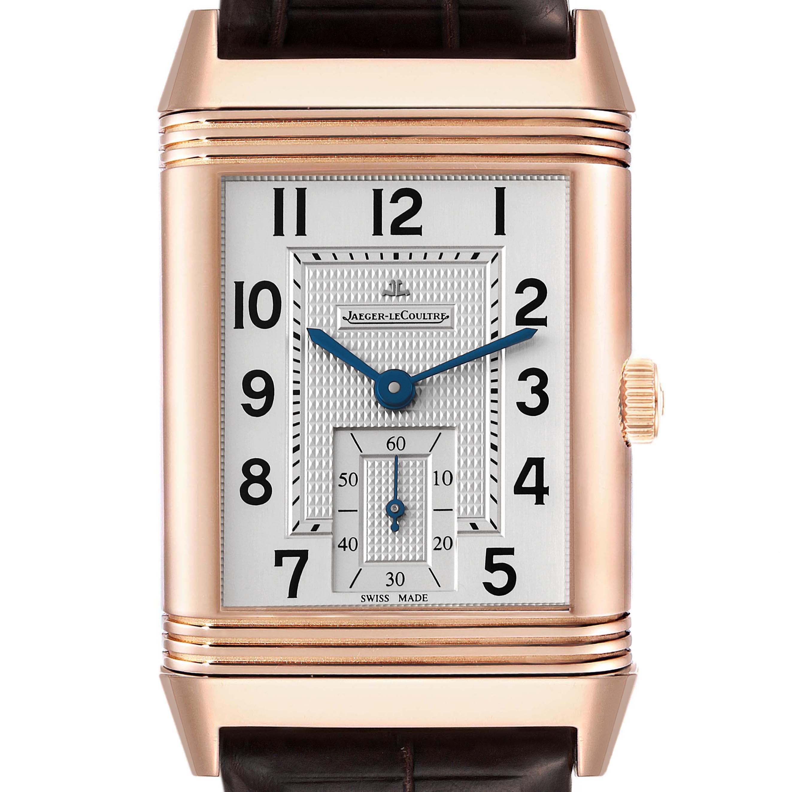 The image shows a front view of the Jaeger-LeCoultre Reverso watch, highlighting its rectangular dial and crown.