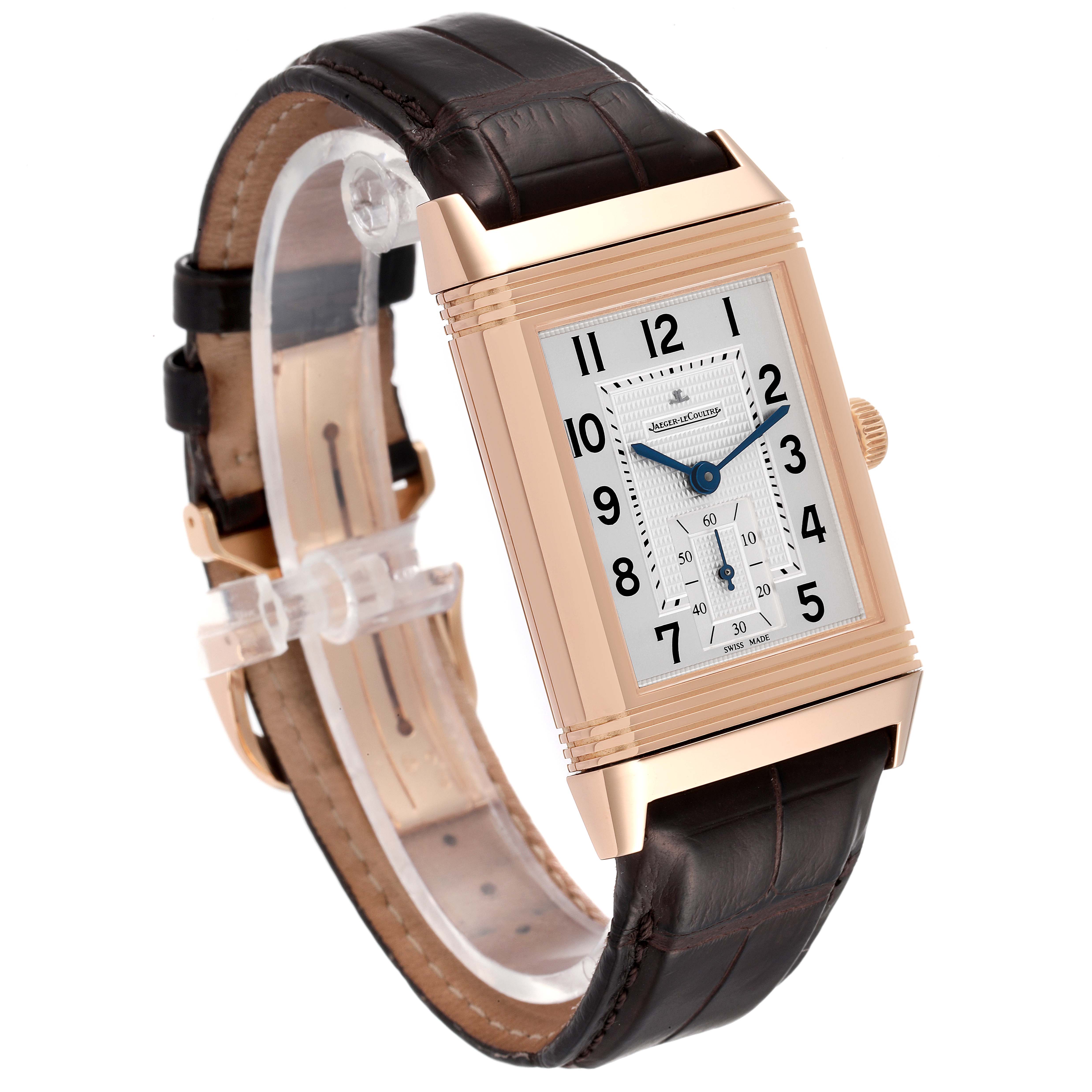 The image shows a Jaeger LeCoultre Reverso Q3732420 Men's Rose Gold Silver Dial Q3732420 Men's Rose Gold Silver Dial model watch at a three-quarter angle, highlighting the rectangular face and leather strap.