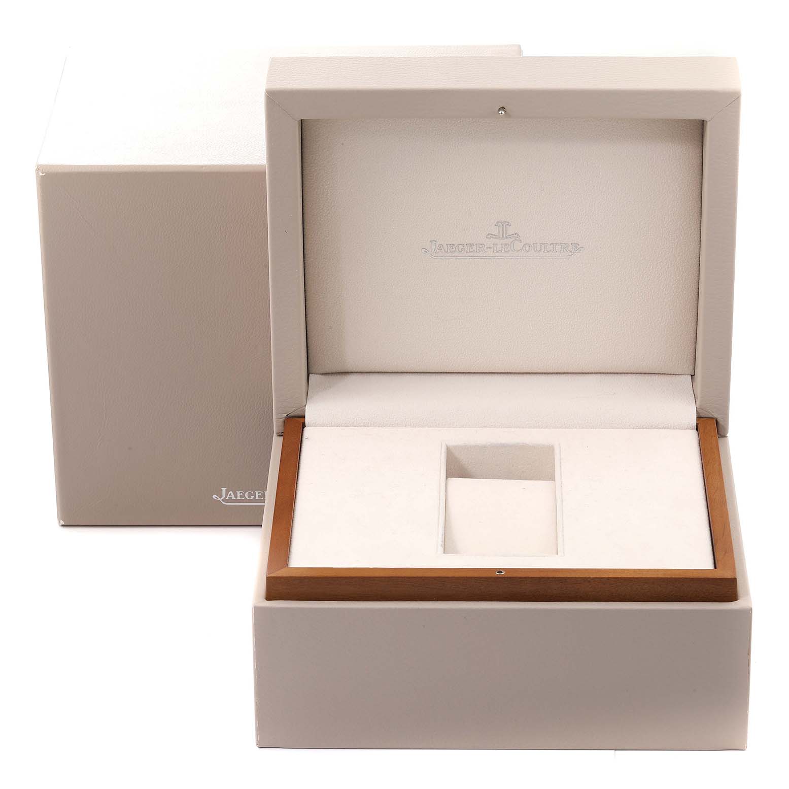 The image shows an open watch box for a Jaeger LeCoultre Reverso Q3732420 Men's Rose Gold Silver Dial Q3732420 Men's Rose Gold Silver Dial model, displaying its interior padding and logo.