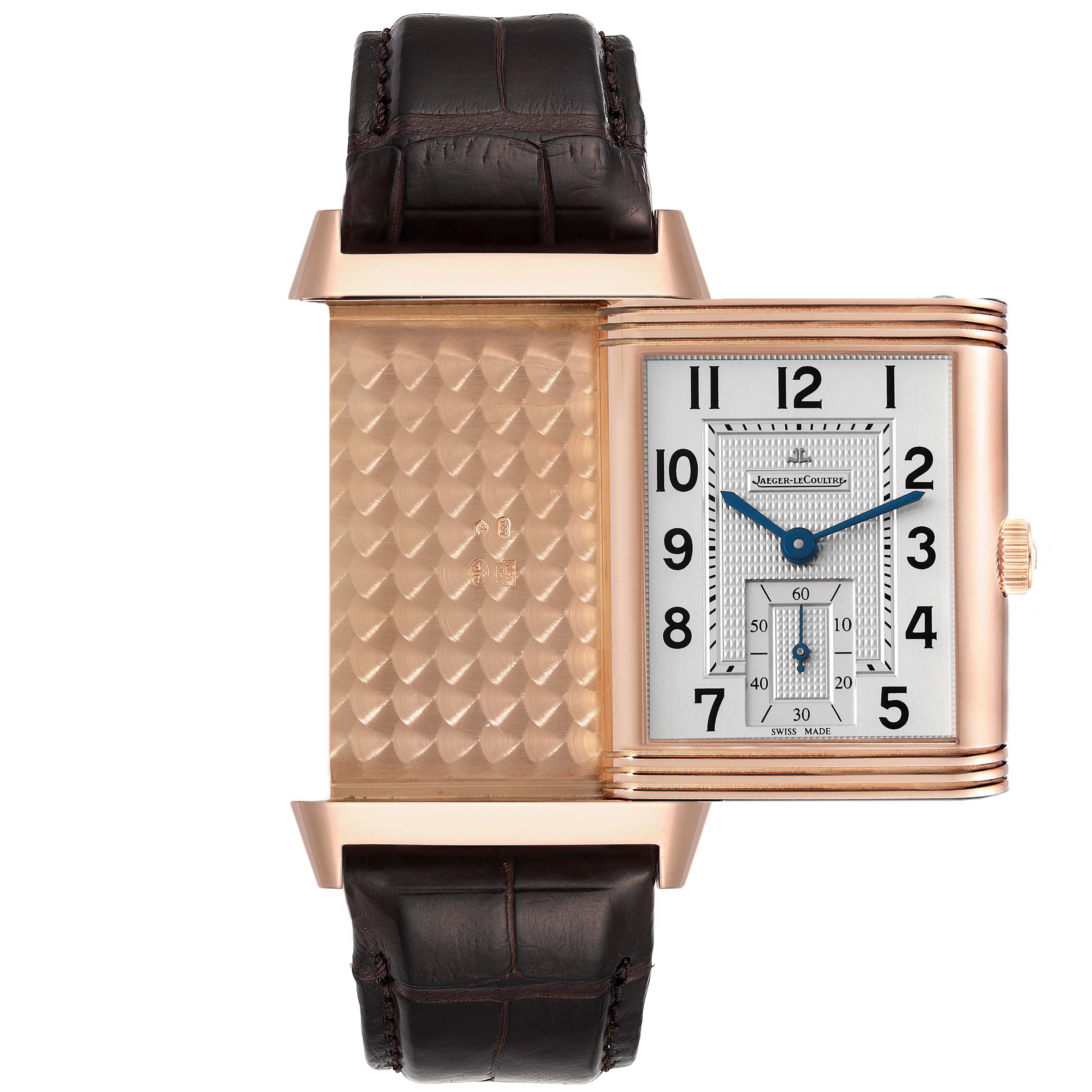 The image shows a Jaeger LeCoultre Reverso Q3732420 Men's Rose Gold Silver Dial Q3732420 Men's Rose Gold Silver Dial with its case flipped open, revealing both the dial and the engraved reverse side.