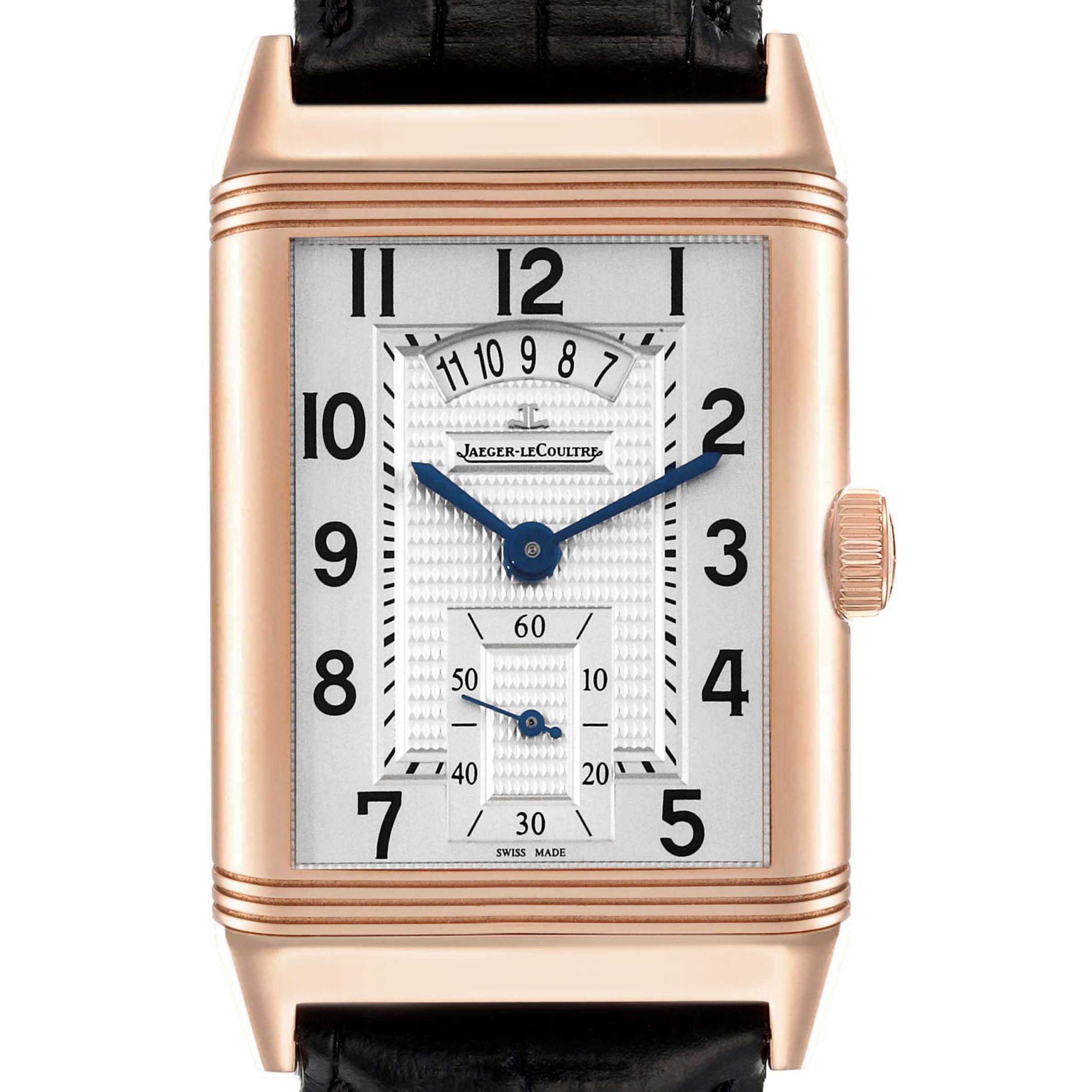 The image shows a front view of a Jaeger LeCoultre Reverso Q3742521 Men's Rose Gold Silver Dial Q3742521 Men's Rose Gold Silver Dial watch, highlighting the dial, hands, and crown.