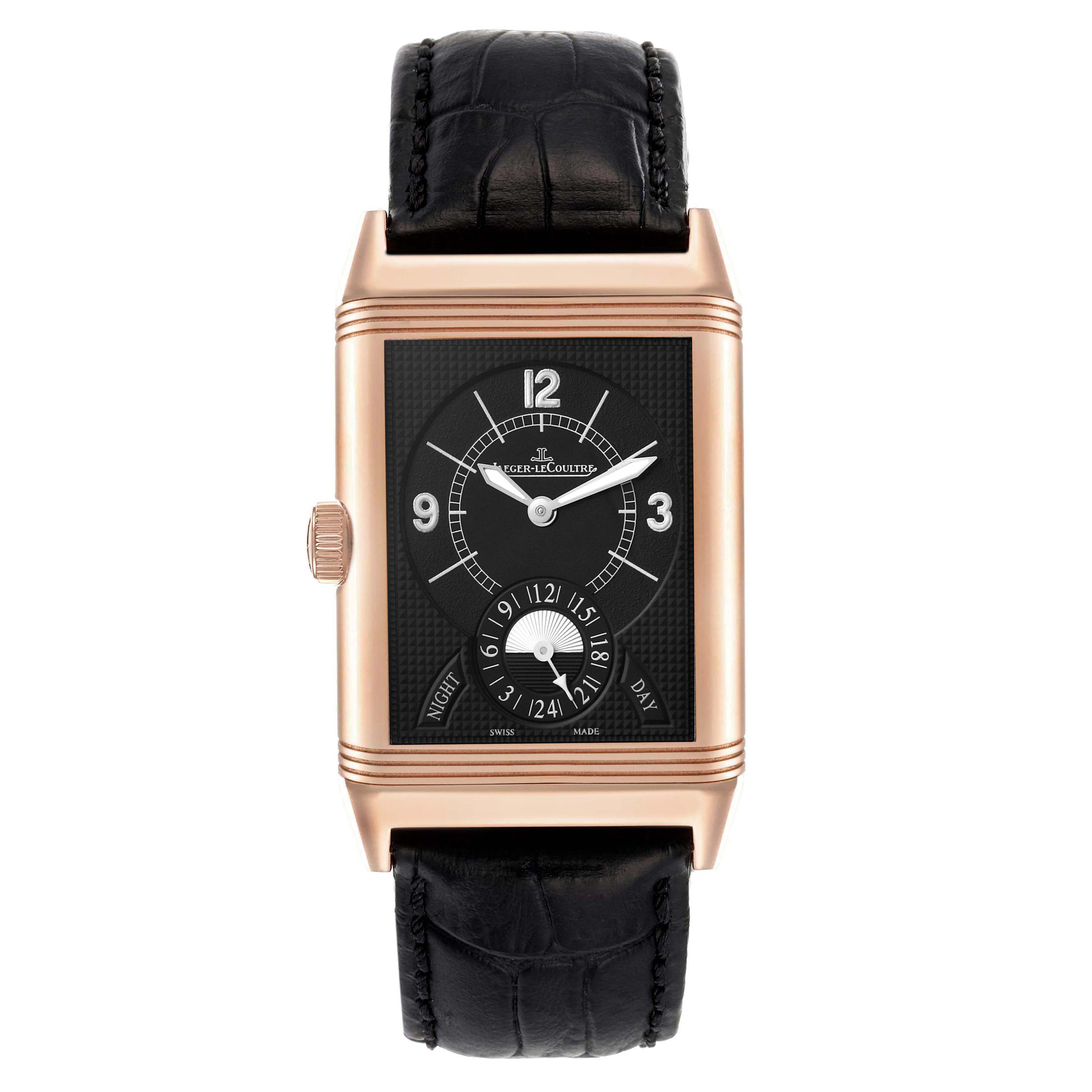 This is a frontal view of a Jaeger-LeCoultre Reverso watch showing the dial, hands, and leather strap.