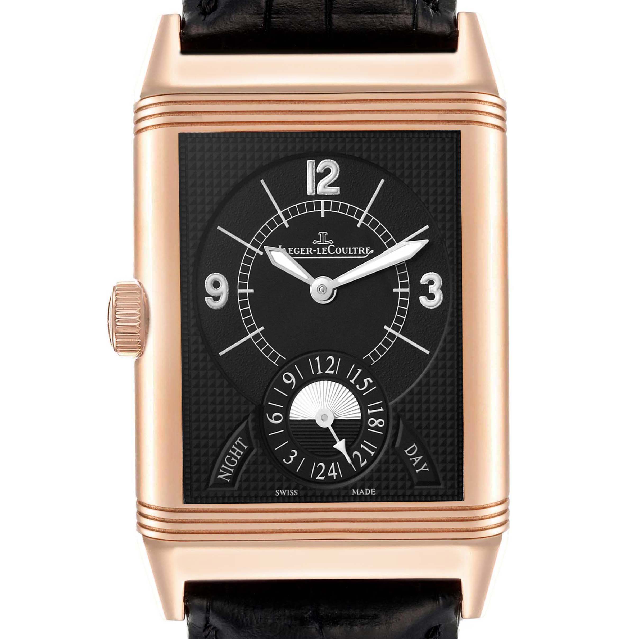This image shows a front view of the Jaeger LeCoultre Reverso Q3742521 Men's Rose Gold Silver Dial Q3742521 Men's Rose Gold Silver Dial watch, displaying its dial, crown, and leather strap.