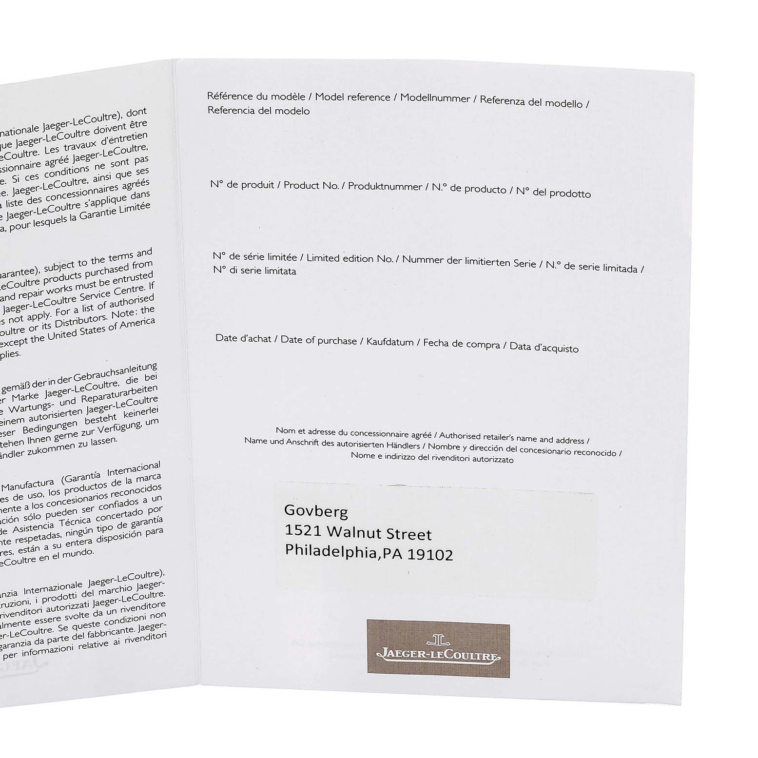 The image shows a booklet or certificate for the Jaeger-LeCoultre Reverso model, captured open to display text and a dealer
s address.