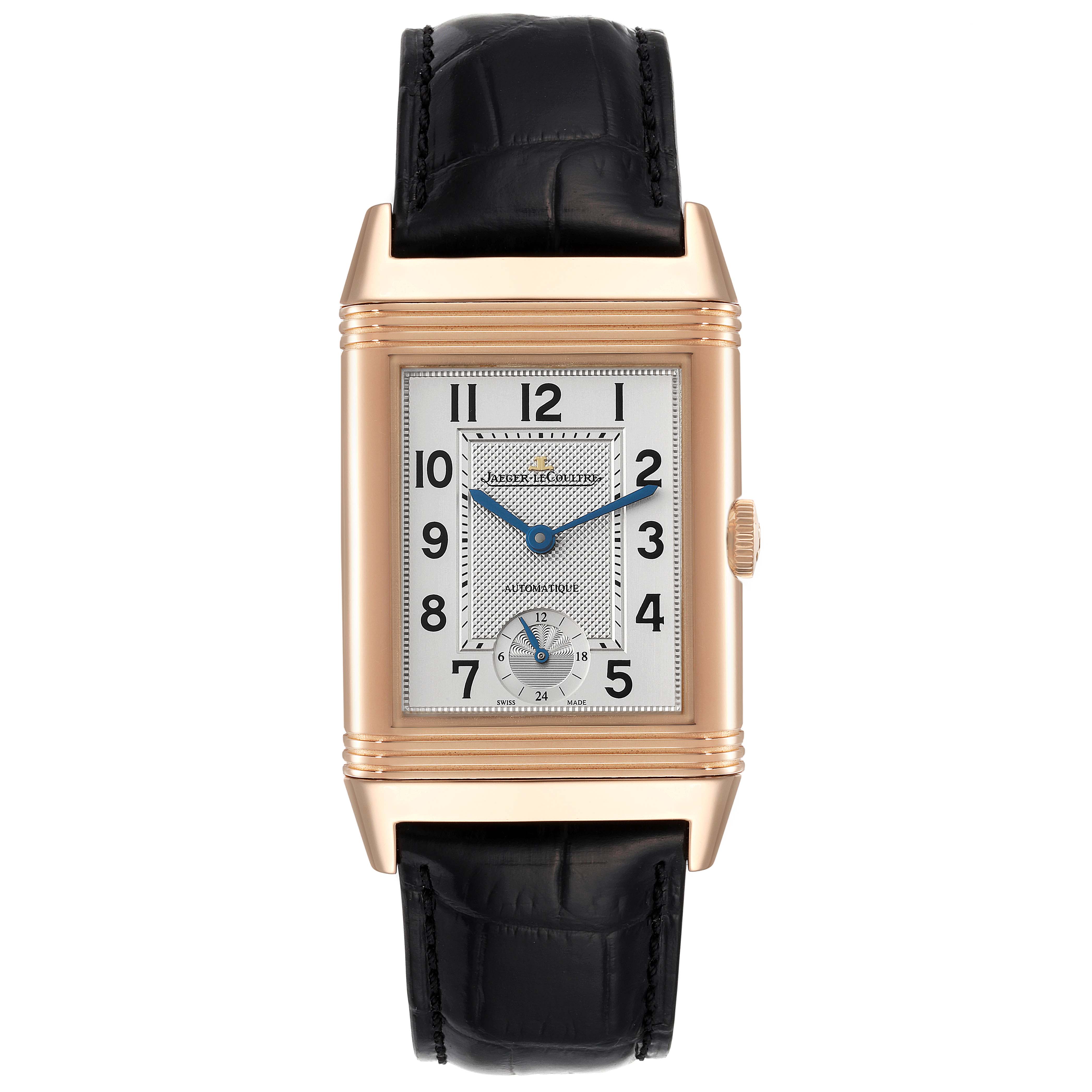 The image shows a front view of a Jaeger LeCoultre Reverso Q3802520 Men
s Rose Gold Silver Dial Q3802520 Men
s Rose Gold Silver Dial watch, displaying its rectangular face, dial, and leather strap.