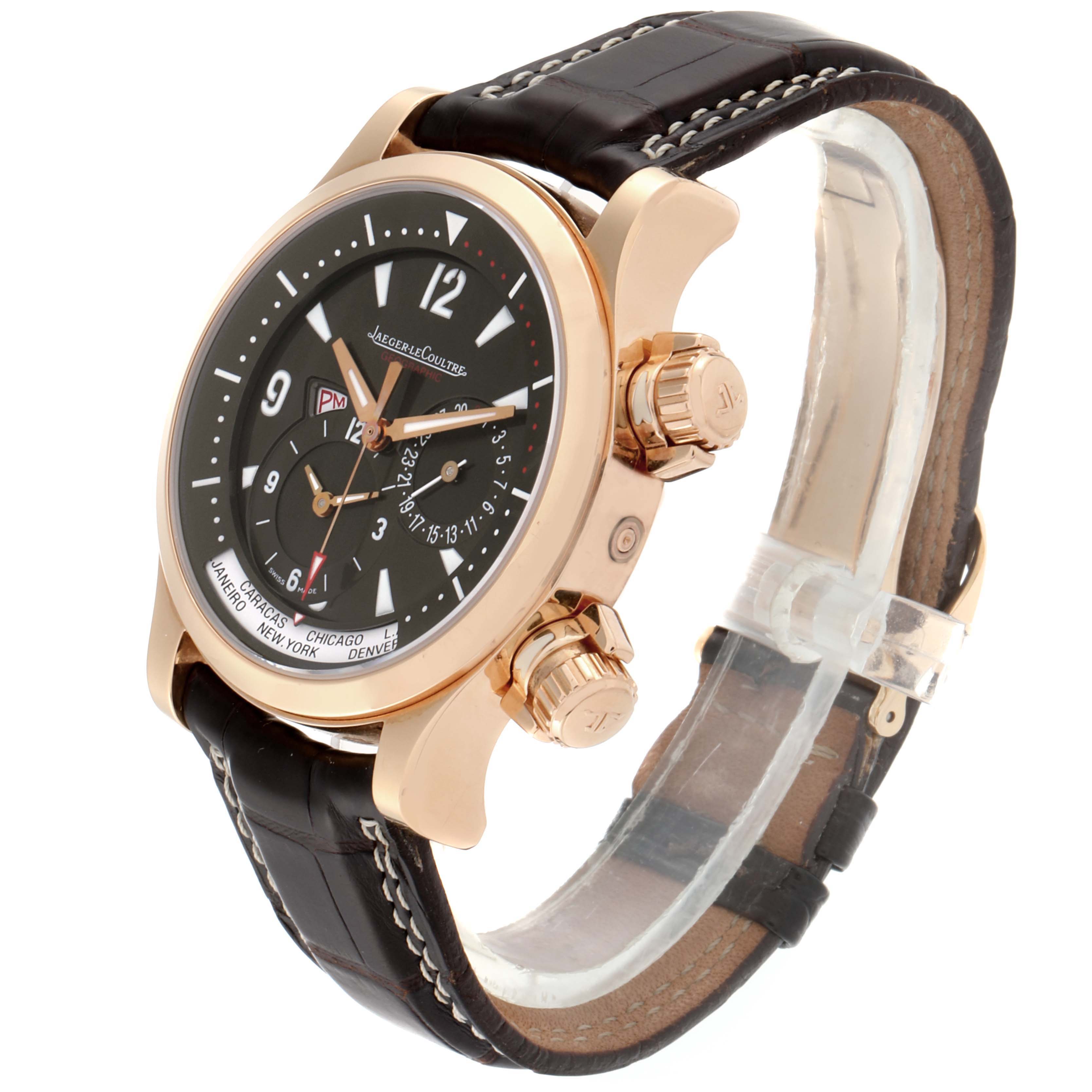 The image shows a Jaeger-LeCoultre Master model watch from a front and angled side view, highlighting the dial, case, and leather strap.