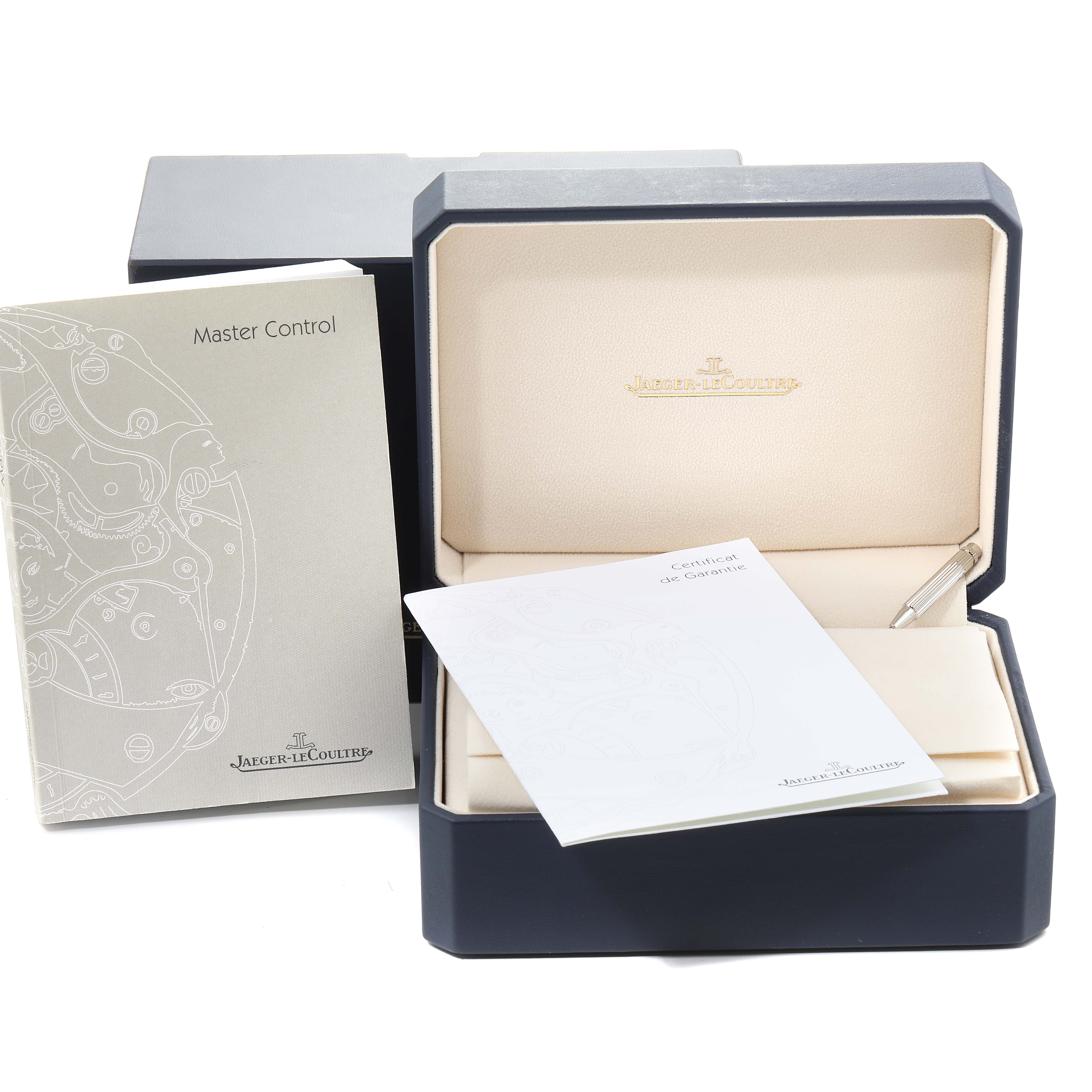 The image shows the box, certificate, and warranty booklet for the Jaeger LeCoultre Master 146.2.83 Men's Rose Gold Brown Dial 146.2.83 Men's Rose Gold Brown Dial model.