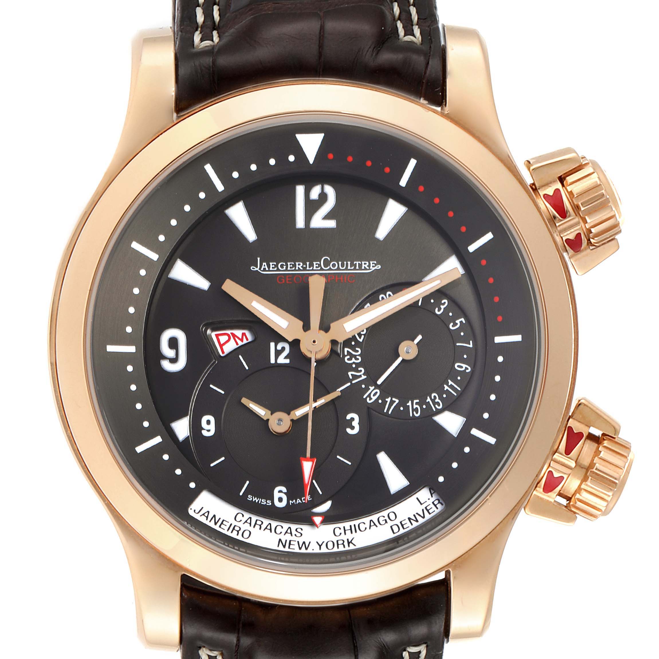 The image shows a front view of the Jaeger LeCoultre Master 146.2.83 Men's Rose Gold Brown Dial 146.2.83 Men's Rose Gold Brown Dial Geographic watch, highlighting the dial and case details.